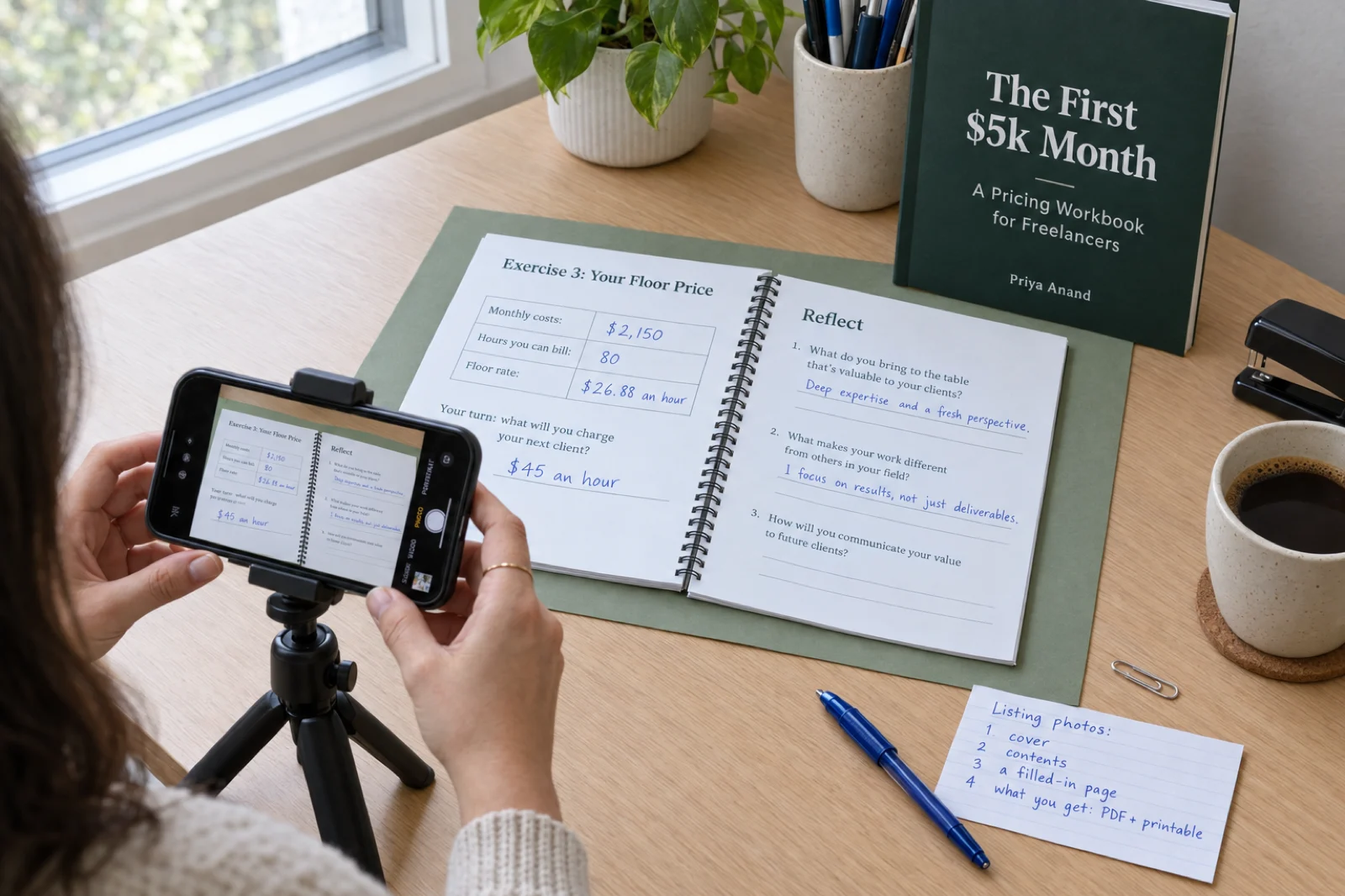 A woman photographs with her phone on a small tripod a spiral-bound workbook open on sage green card: the left page, Exercise 3: Your Floor Price, has a table filled in by hand in blue ink, Monthly costs $2,150, Hours you can bill 80, Floor rate $26.88 an hour, and the prompt Your turn: what will you charge your next client? answered $45 an hour; the right page, Reflect, has three questions with handwritten answers; a dark green copy titled The First $5k Month, A Pricing Workbook for Freelancers, Priya Anand, stands against a pen pot, beside an index card reading Listing photos: 1 cover, 2 contents, 3 a filled-in page, 4 what you get: PDF + printable, a blue pen, a stapler and a cup of coffee
