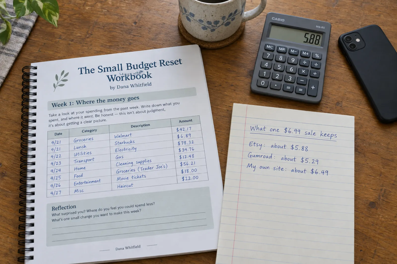 A spiral-bound workbook, The Small Budget Reset Workbook by Dana Whitfield, open to Week 1: Where the money goes with a hand-filled spending table, beside a notepad reading What one $6.99 sale keeps: Etsy about $5.88, Gumroad about $5.29, my own site about $6.49, and a calculator showing 5.88.