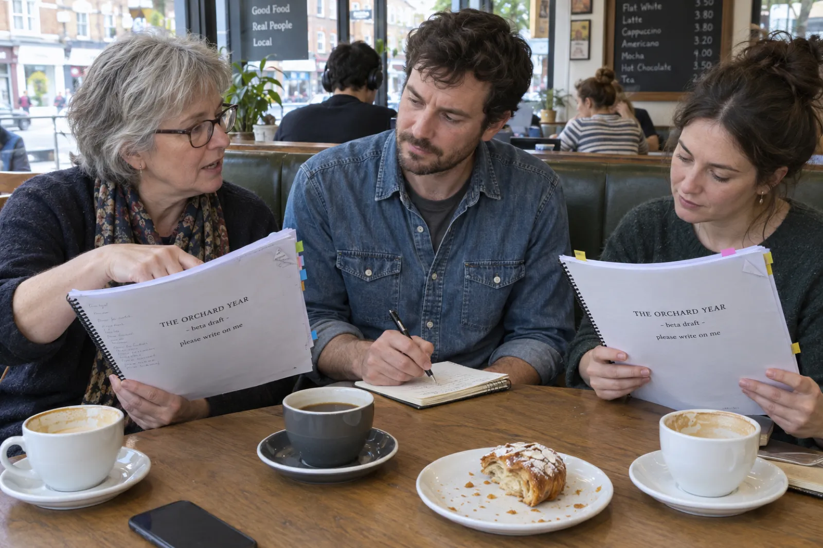 Three readers of different ages in a cafe booth each hold the same spiral-bound printed draft with a cover reading The Orchard Year, beta draft, please write on me; one points at a marked page while the author in a denim shirt takes notes, with coffee cups and half a pastry on the table