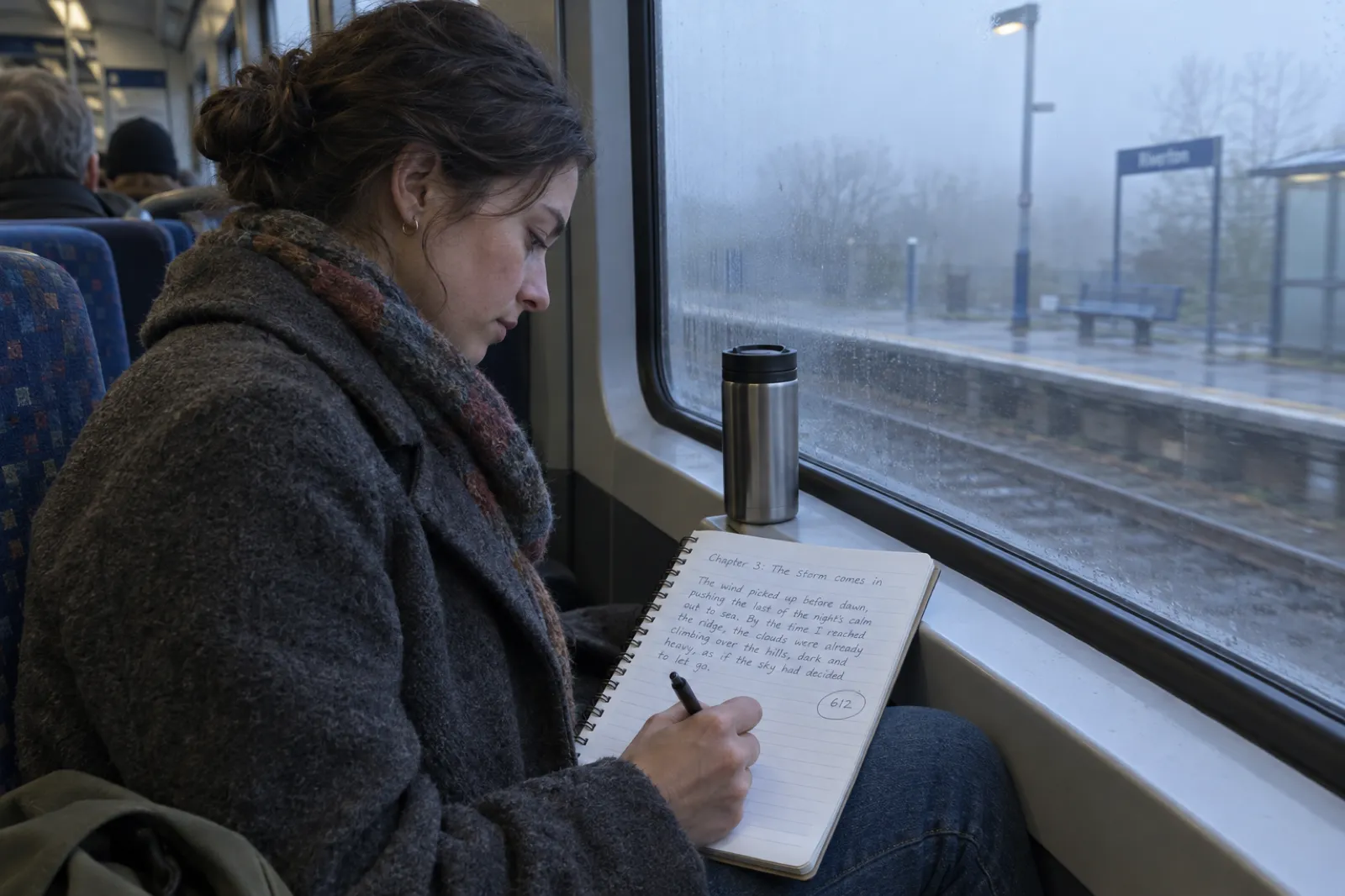 On an early-morning commuter train, a woman in a wool coat writes longhand in a spiral notebook on her knee; the page is headed Chapter 3: The storm comes in, with 612 circled in the margin, and a thermos cup sits on the window ledge