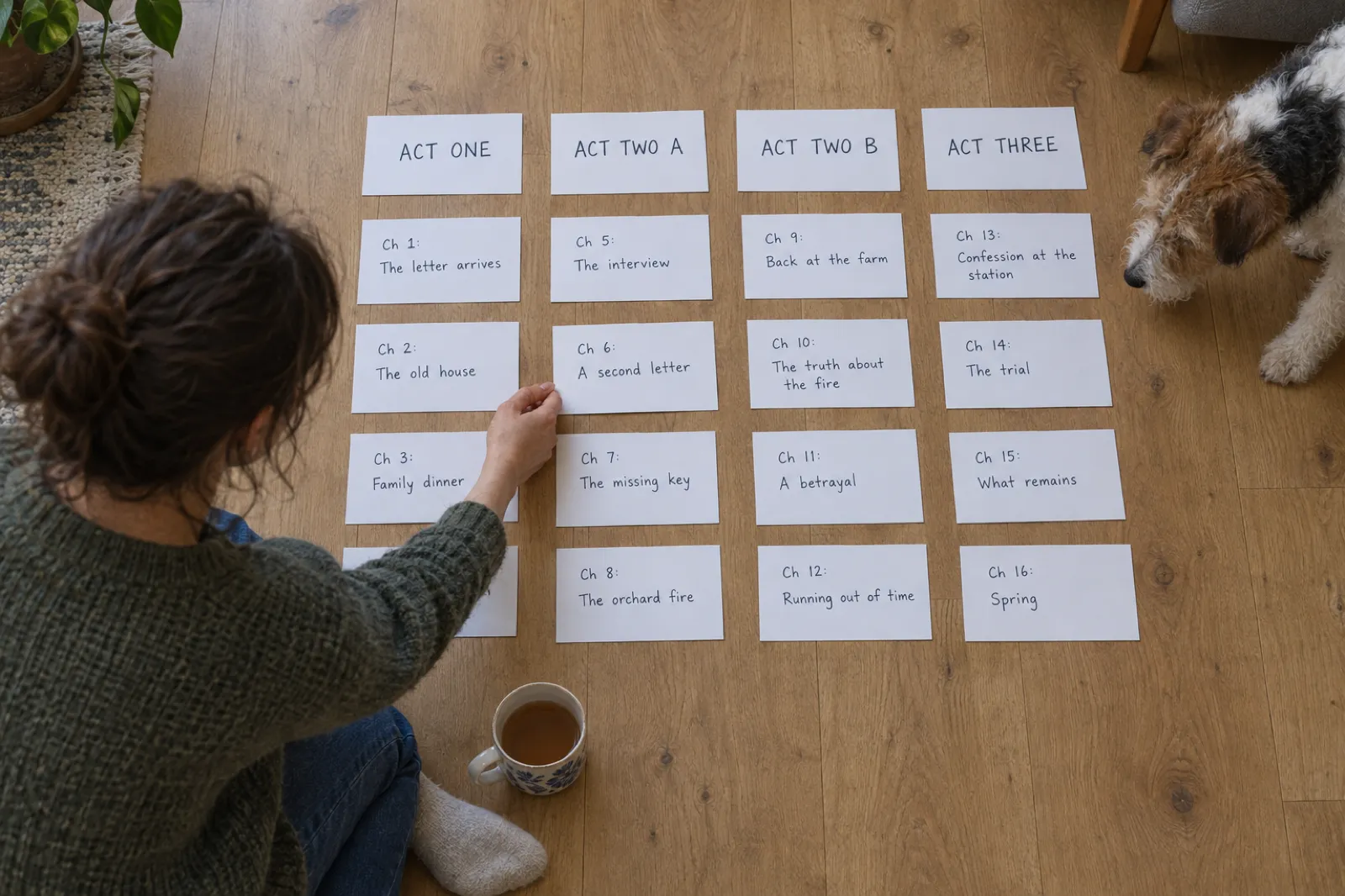 Overhead view of sixteen index cards in four columns on a wooden living-room floor under headings Act One, Act Two A, Act Two B and Act Three, numbered Ch 1: The letter arrives through Ch 16: Spring, with Ch 8: The orchard fire closing act two A; a kneeling person moves a card while a wire-haired terrier watches and a mug of tea sits nearby