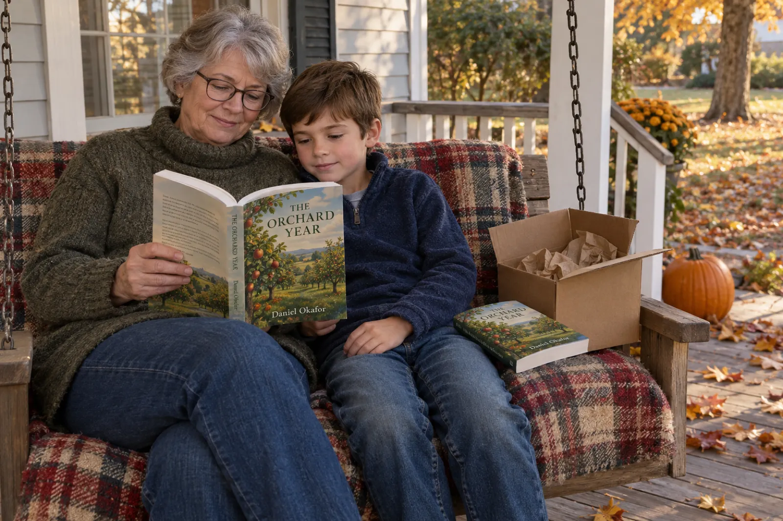 On a wooden porch in autumn, a grandmother and a boy of about seven share a newly printed paperback titled The Orchard Year by Daniel Okafor on a porch swing under a plaid blanket, with a second copy and an opened cardboard box beside them, fallen leaves and a pumpkin by the steps