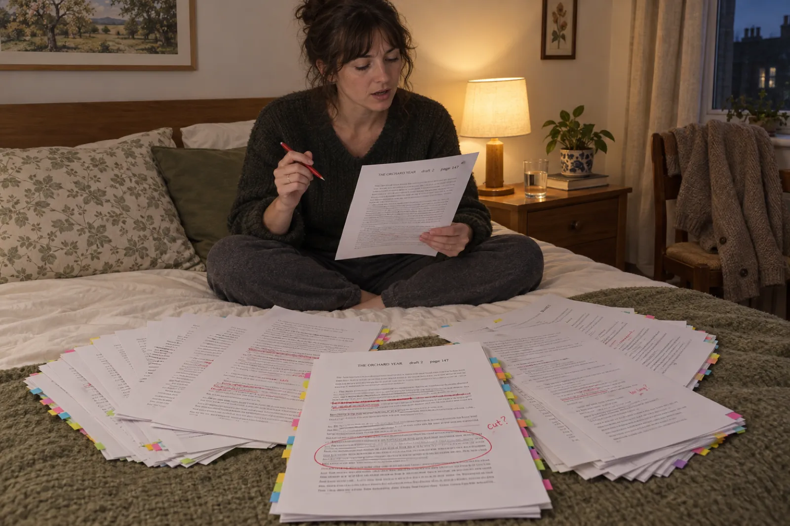 A printed manuscript fanned across a bed in a lamp-lit bedroom, edged with coloured sticky tabs and marked in red pen with crossed-out lines and cut? in a margin; the top page header reads The Orchard Year draft 2 page 147, and a woman sitting cross-legged reads a page aloud holding a red pen