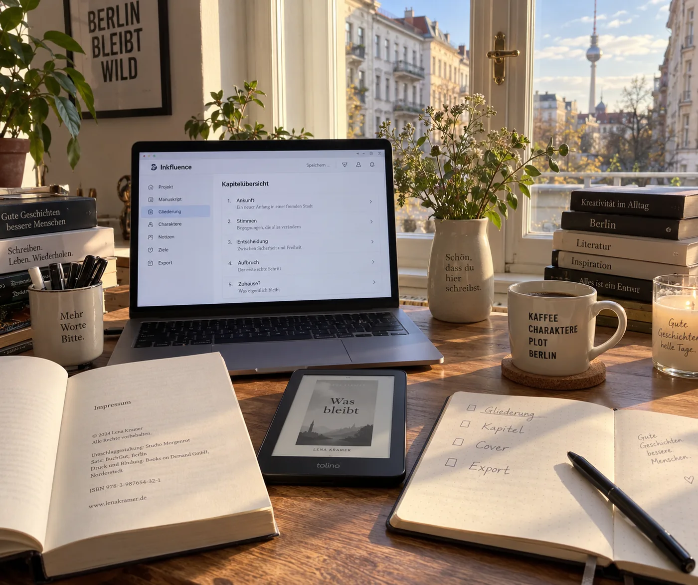 Ein Schreibtisch am Fenster einer Altbauwohnung in Berlin: Laptop mit dem Inkfluence-Editor und einem deutschen Kapitelplan, daneben ein gedrucktes Taschenbuch mit Impressumsseite, ein tolino-Reader und ein Notizbuch mit den Wörtern Gliederung, Kapitel, Cover, Export.