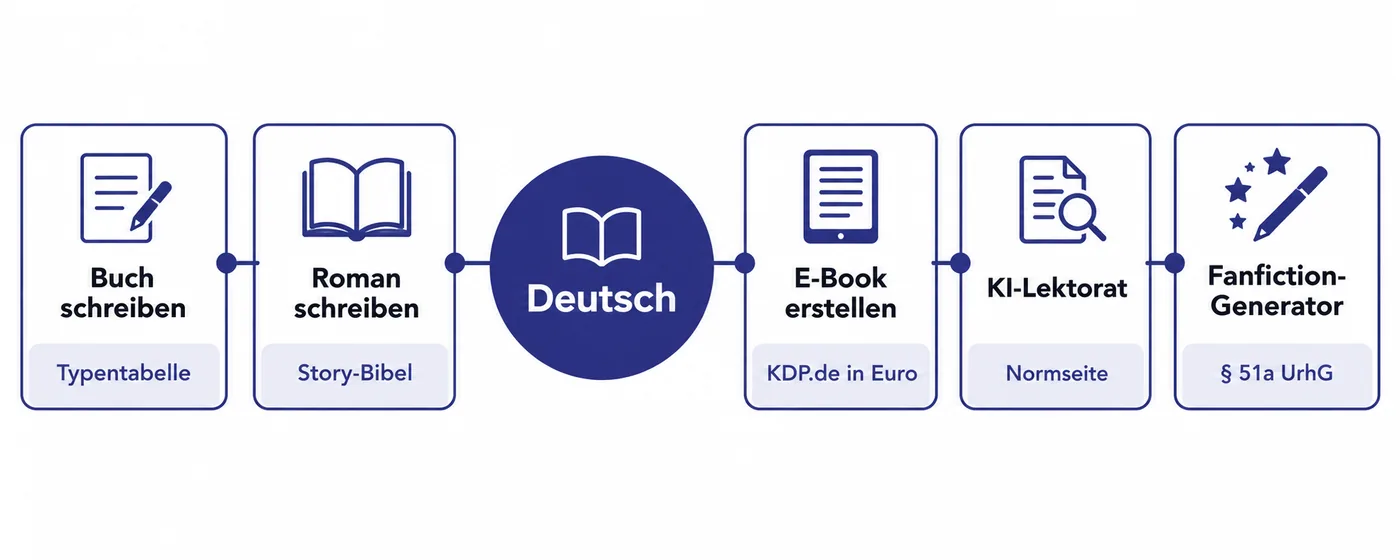 Infografik auf Weiß: fünf verbundene Karten mit den Titeln Buch schreiben, Roman schreiben, E-Book erstellen, KI-Lektorat und Fanfiction-Generator, jede mit einem Stichwort darunter (Typentabelle, Story-Bibel, KDP.de in Euro, Normseite, § 51a UrhG), in der Mitte ein Kreis mit dem Wort Deutsch.
