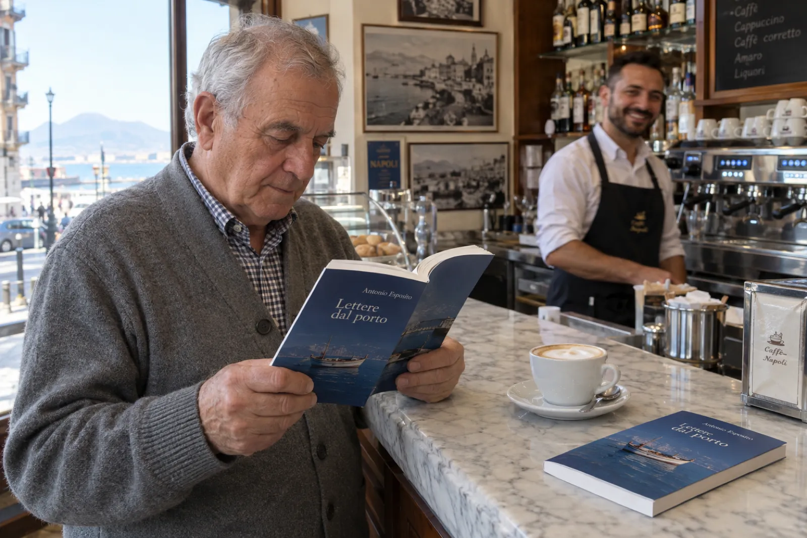 In un bar di Napoli con il bancone di marmo e la macchina del caffè, un signore in pensione con il cardigan grigio legge il libro che ha appena stampato; una seconda copia è sul bancone accanto a un cappuccino, copertina blu con una barca da pesca, Lettere dal porto di Antonio Esposito, e il barista sorride sullo sfondo.