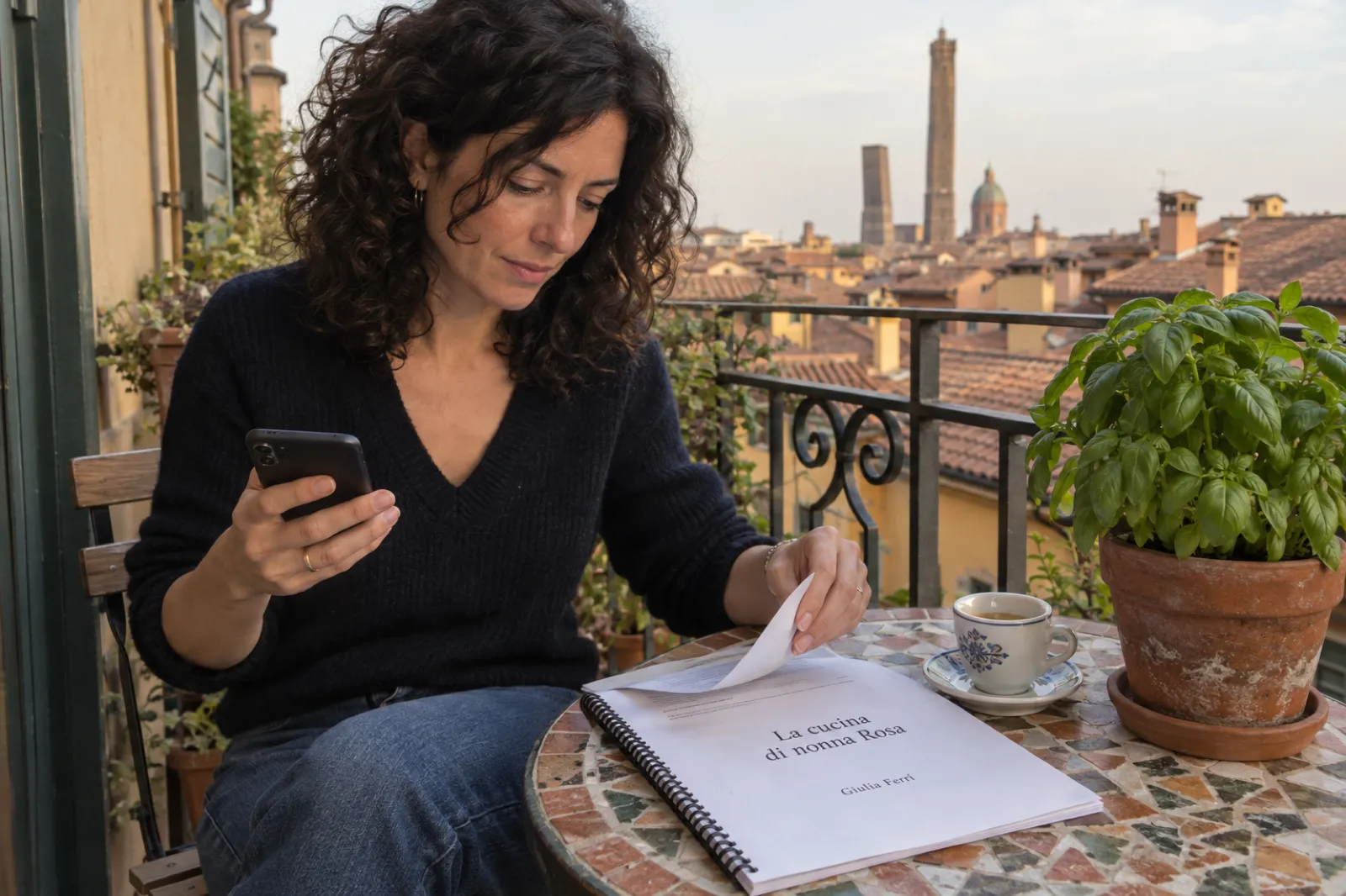 Su un piccolo balcone di Bologna, con i tetti in cotto e la torre degli Asinelli sullo sfondo, una donna dai capelli ricci tiene il telefono in una mano e con l'altra sfoglia una bozza rilegata a spirale appoggiata su un tavolino a mosaico; in copertina si legge La cucina di nonna Rosa e Giulia Ferri, accanto una tazzina di caffè e una pianta di basilico.