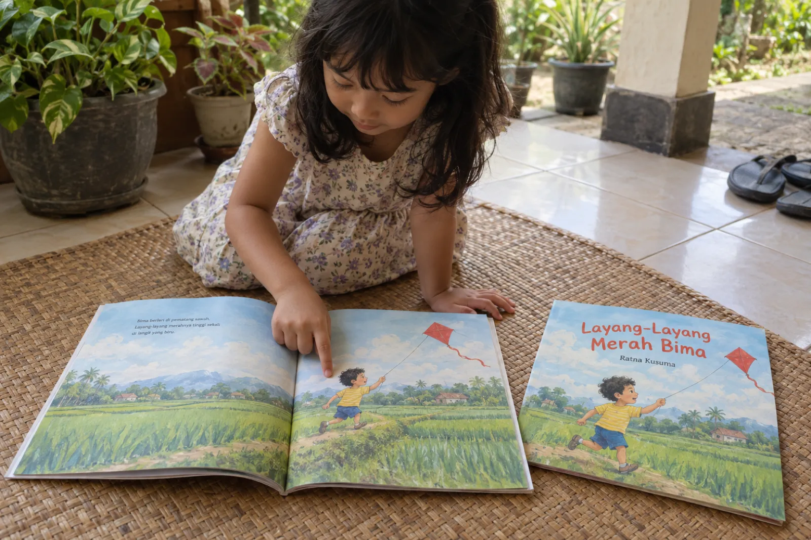 Buku cerita bergambar persegi terbuka di atas tikar rotan di teras rumah, memperlihatkan lukisan anak laki-laki berambut ikal dan berkaus kuning bergaris yang berlari di pematang sawah sambil menarik layang-layang merah. Seorang anak perempuan berlutut dan menunjuk tokoh itu. Di sebelahnya tergeletak sampul buku yang sama berjudul Layang-Layang Merah Bima karya Ratna Kusuma dengan tokoh yang sama.