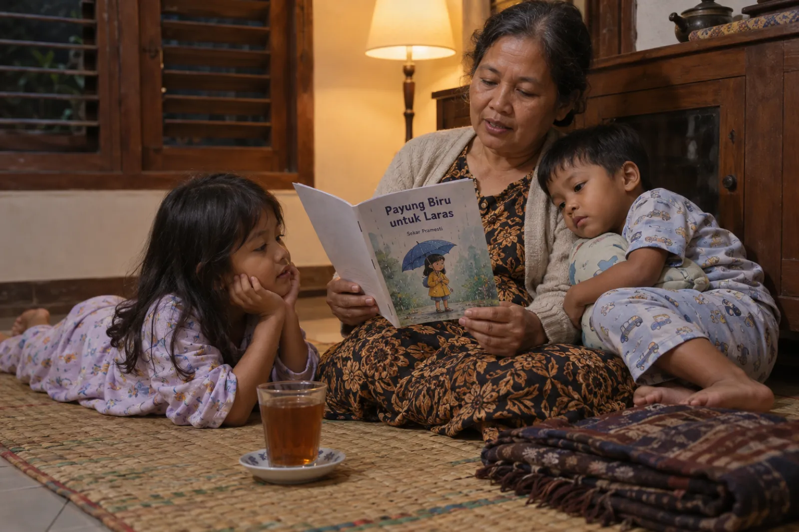 Seorang nenek berdaster batik duduk di atas tikar pandan di ruang keluarga pada malam hari, membacakan buklet cerita bersampul gambar anak perempuan dengan payung biru berjudul Payung Biru untuk Laras karya Sekar Pramesti. Cucu perempuannya berbaring tengkurap menatap halaman, adik laki-lakinya bersandar di samping nenek memeluk bantal, segelas teh manis di atas tikar.