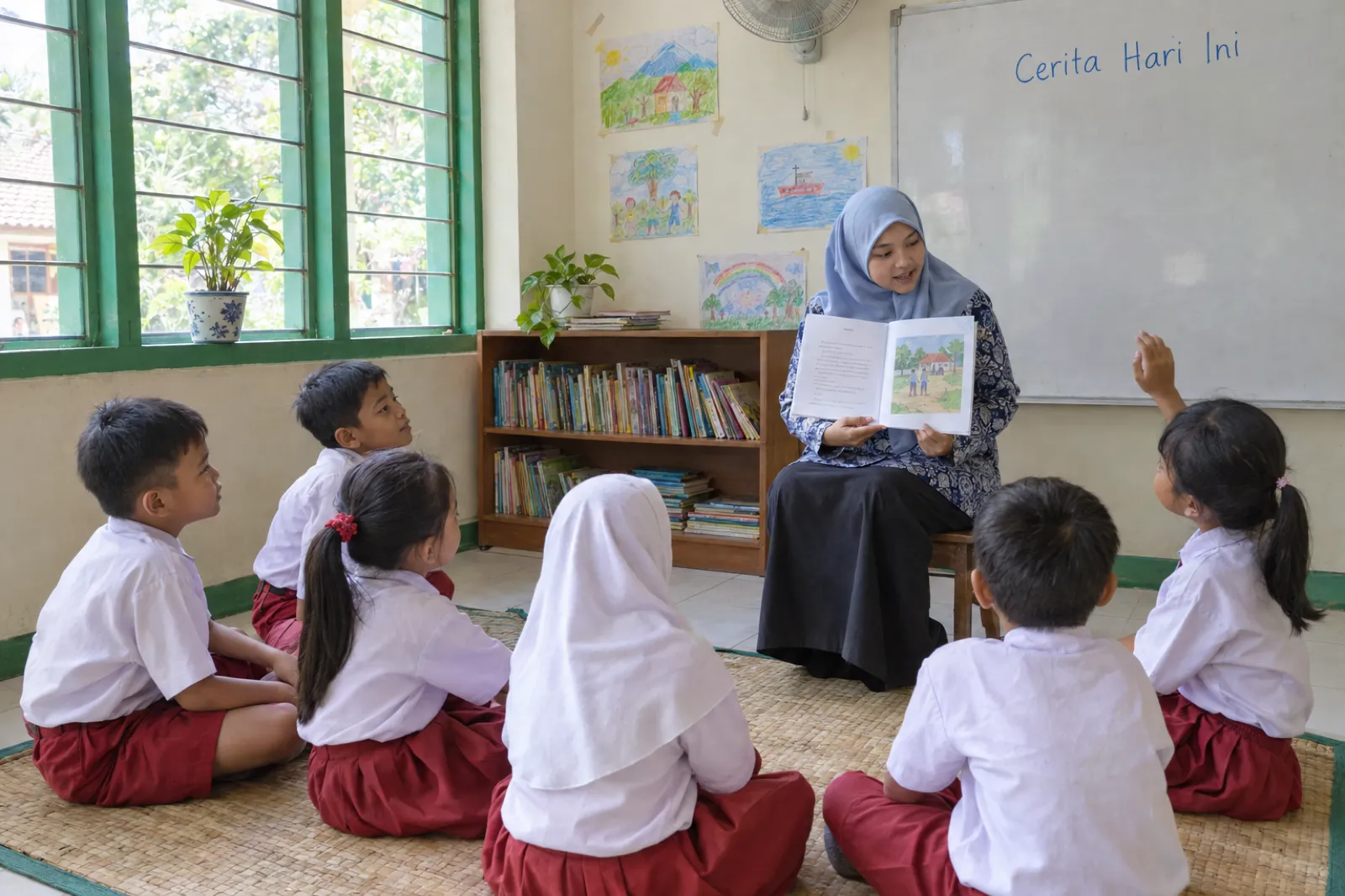 Guru perempuan berjilbab biru muda dan berseragam batik duduk di kursi kecil di pojok baca sebuah kelas SD, mengangkat buklet cerita A4 yang terbuka sambil membacakannya. Tujuh murid berseragam merah putih duduk bersila di atas tikar membentuk setengah lingkaran, seorang murid perempuan mengangkat tangan, dan di papan tulis tertulis Cerita Hari Ini.