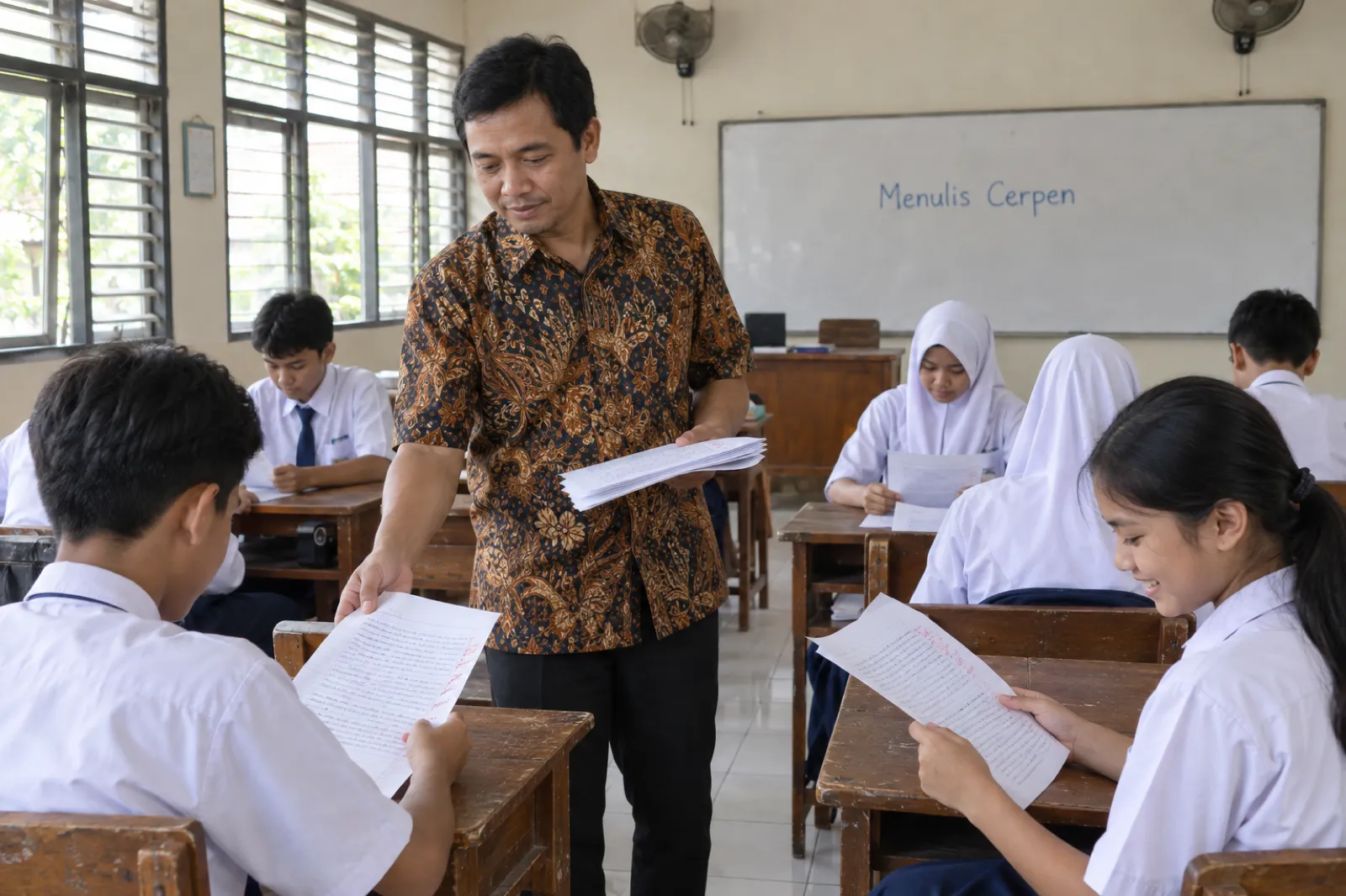 Ruang kelas SMP negeri pada pagi yang terang dengan jendela nako dan kipas angin langit-langit: seorang guru laki-laki berkemeja batik berjalan di antara meja kayu sambil membagikan kembali tugas cerpen bertulisan tangan di kertas folio bergaris yang sudah dikoreksi dengan tinta merah, para siswa berseragam putih biru membaca hasilnya, dan di papan tulis tertulis Menulis Cerpen.
