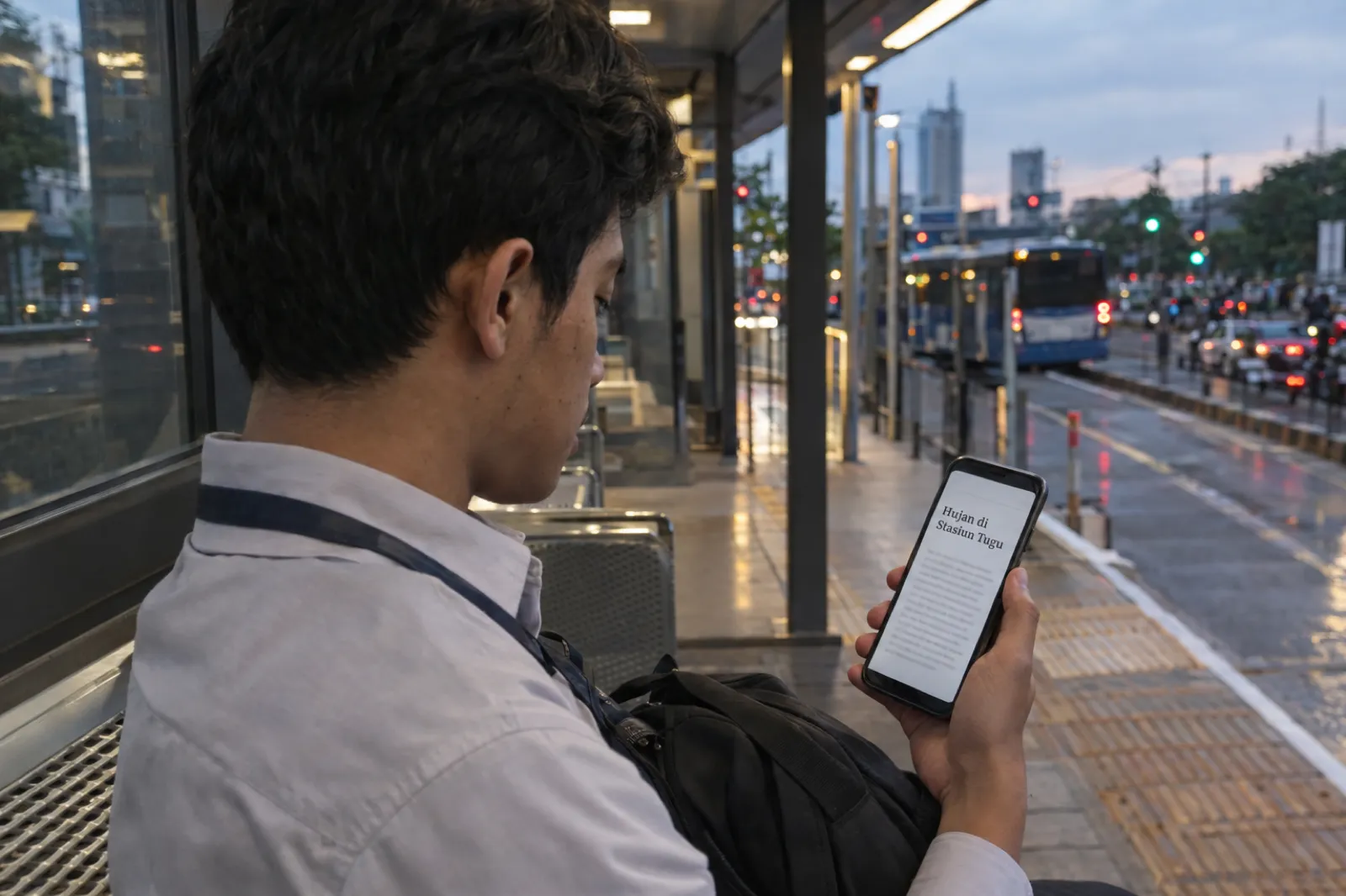 Sore menjelang malam di halte bus kota yang beratap: seorang pemuda berkemeja kantor dengan tali kartu identitas duduk di bangku logam membaca cerpen di ponselnya, layar ponsel menghadap kamera dengan judul Hujan di Stasiun Tugu dan beberapa baris teks kecil, ransel di pangkuannya dan lampu lalu lintas buram di latar belakang.