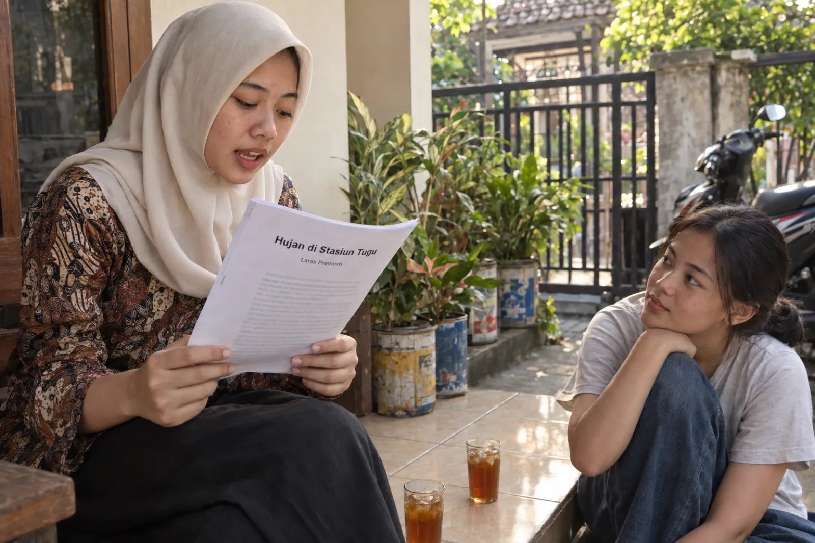 Sore hari di teras rumah di sebuah kampung di Yogyakarta: seorang perempuan muda berkerudung krem duduk di bangku kayu membacakan beberapa lembar cerpen cetak yang distapler, dengan judul Hujan di Stasiun Tugu dan nama penulis Laras Pramesti di halaman depan, sementara sahabatnya duduk di anak tangga teras mendengarkan, dengan dua gelas es teh di lantai dan sepeda motor di dekat pagar.