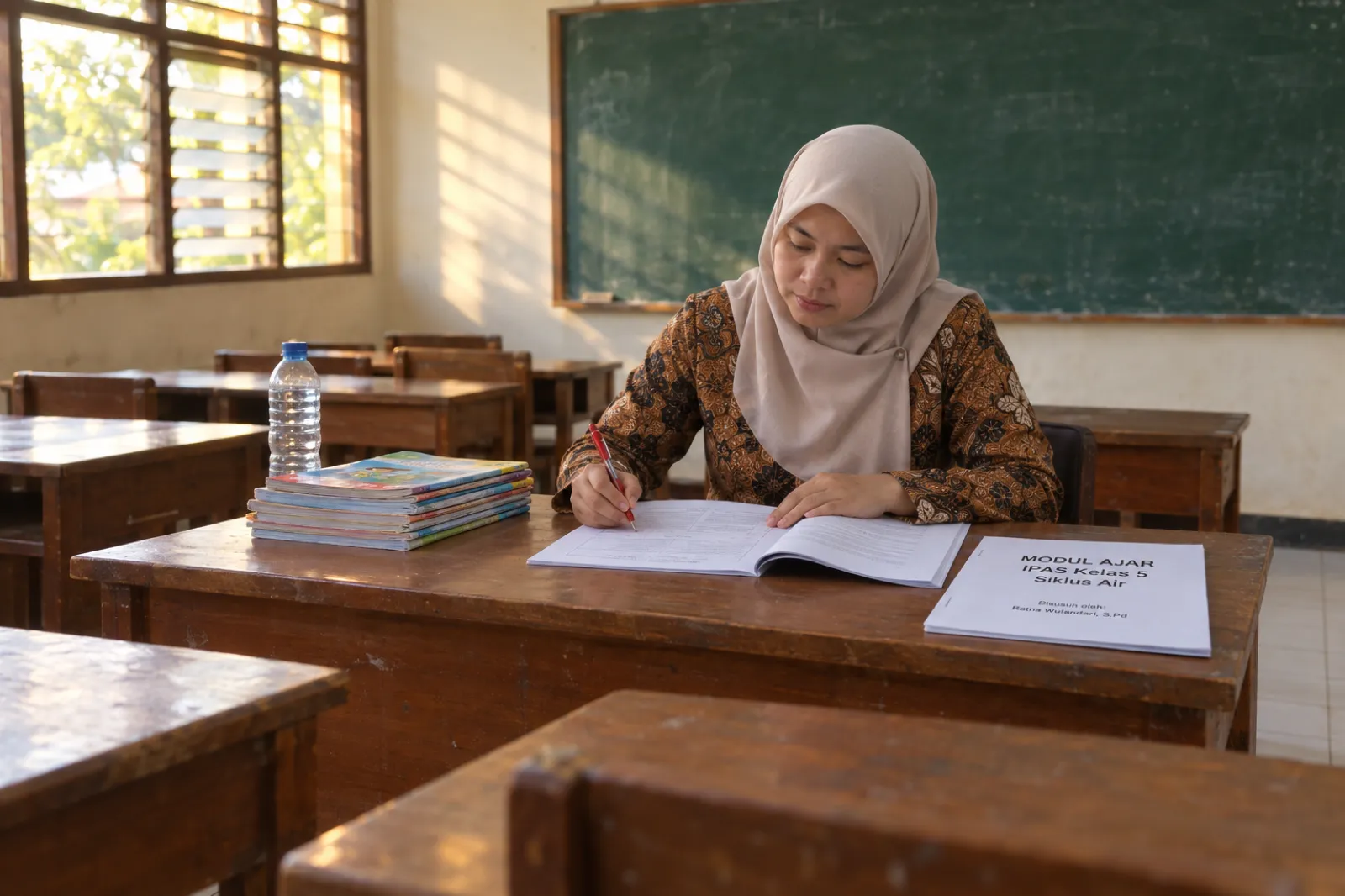 Guru perempuan berjilbab krem dan berseragam batik duduk di meja kayu di ruang kelas SD yang kosong setelah jam pelajaran, menandai draf modul ajar cetak dengan pena merah. Di sampingnya salinan berjepret dengan sampul putih bertuliskan Modul Ajar, IPAS Kelas 5, Siklus Air, Disusun oleh: Ratna Wulandari, S.Pd, setumpuk buku tulis murid, dan botol air. Di belakangnya papan tulis hijau dan jendela nako dengan cahaya sore.