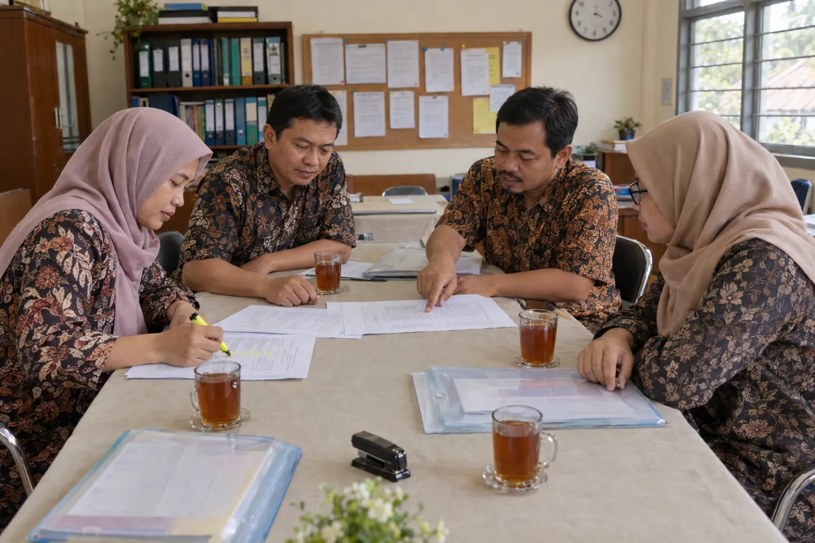 Empat guru berbaju batik, dua perempuan berjilbab dan dua laki-laki, duduk mengelilingi meja bertaplak di ruang guru, membahas lembar-lembar modul ajar cetak. Seorang guru menandai satu halaman dengan stabilo kuning, seorang lagi menunjuk satu baris di halaman lain. Di meja ada gelas teh, map plastik, dan stapler; di belakang rak berisi map ordner, papan pengumuman, dan jam dinding.