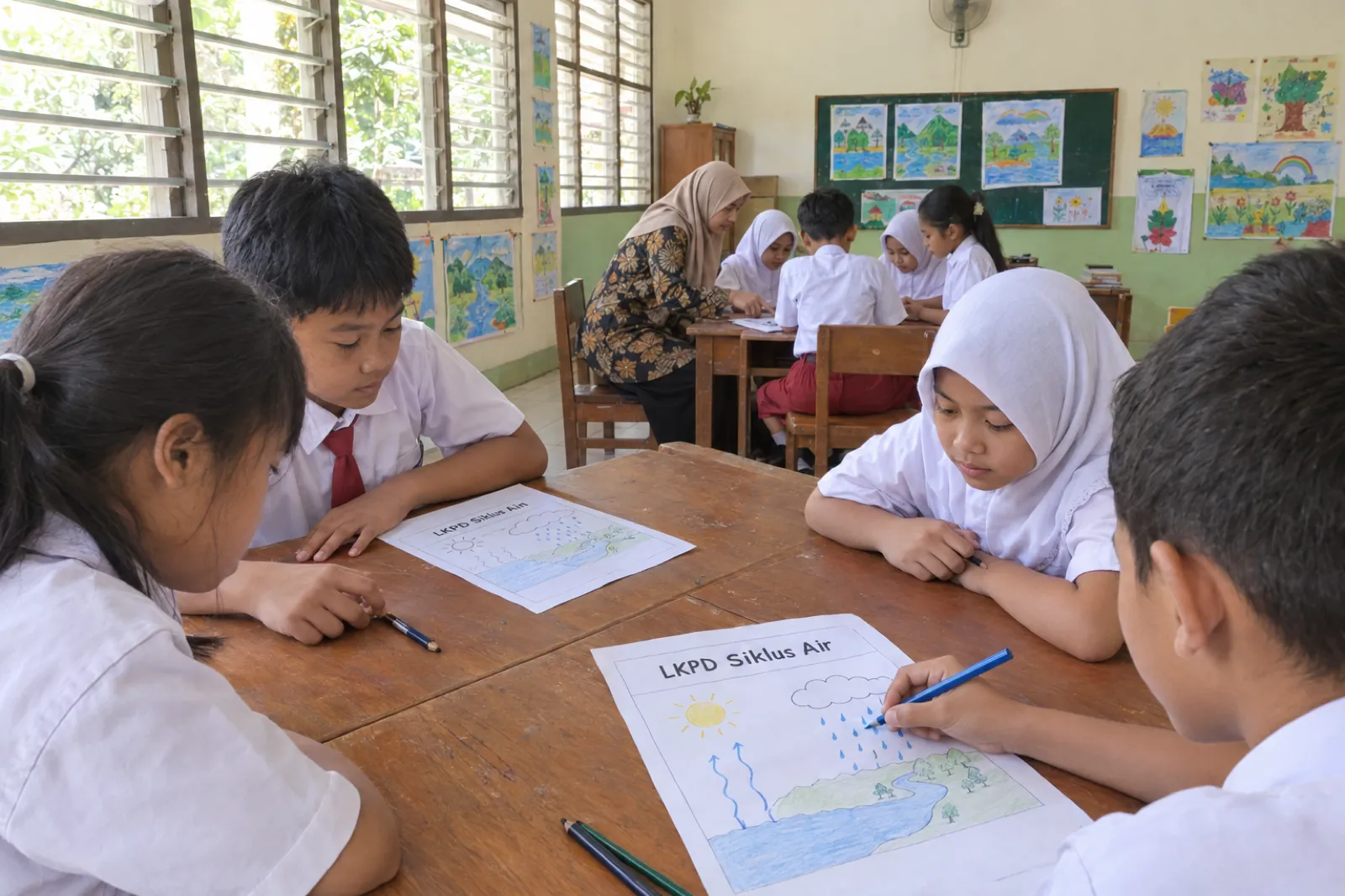 Ruang kelas SD yang terang di pagi hari dengan jendela nako dan gambar karya murid di dinding. Empat murid berseragam putih merah, satu berjilbab putih, mengerjakan lembar kerja cetak berjudul LKPD Siklus Air bergambar matahari, awan, hujan, dan sungai; satu murid mewarnai tetes hujan dengan pensil biru. Di belakang, guru berjilbab dan berbaju batik duduk mendampingi kelompok lain.