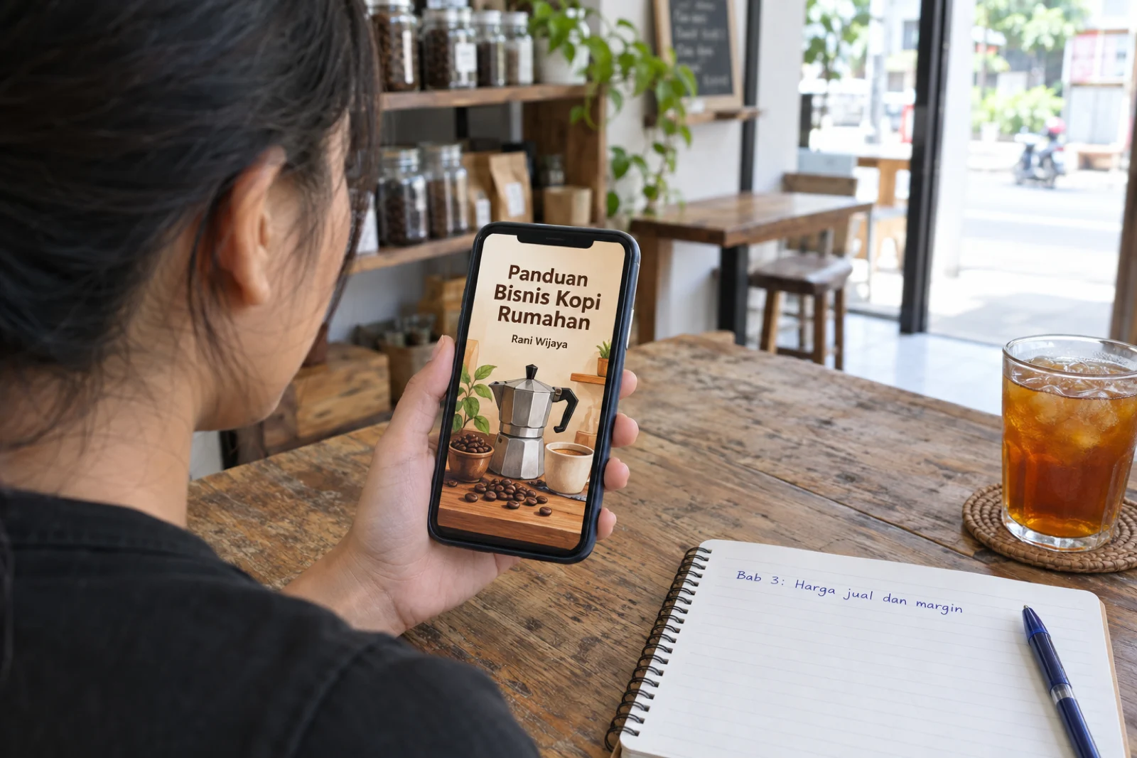 Perempuan di kafe memegang ponsel yang menampilkan sampul ebook 'Panduan Bisnis Kopi Rumahan' karya Rani Wijaya, dengan buku catatan bertuliskan 'Bab 3: Harga jual dan margin' di meja