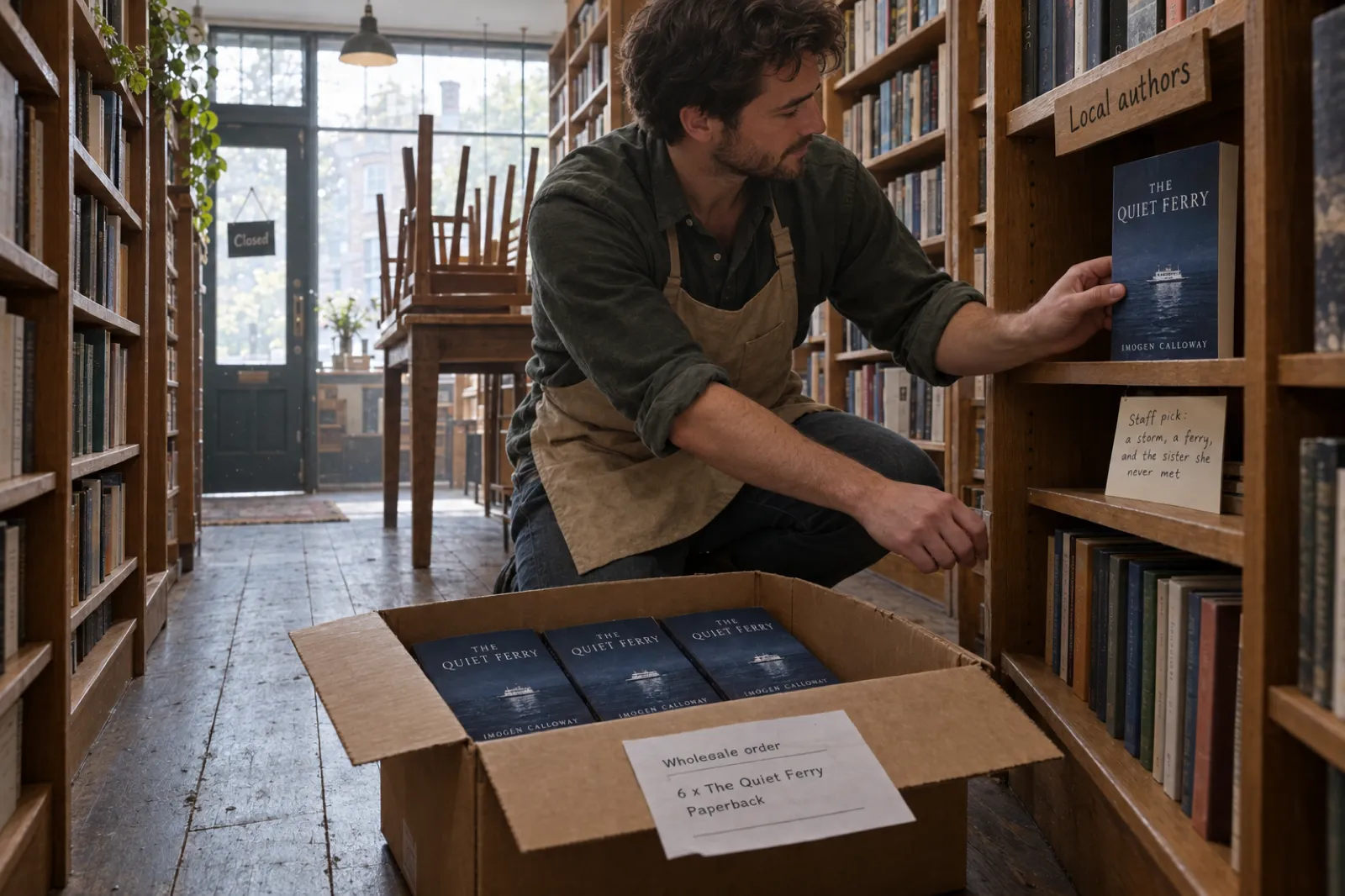 Before opening, a bookseller kneels by a wholesale carton with a packing slip for 6 copies of The Quiet Ferry paperback and places one copy face-out on a shelf marked Local authors, above a handwritten staff pick card