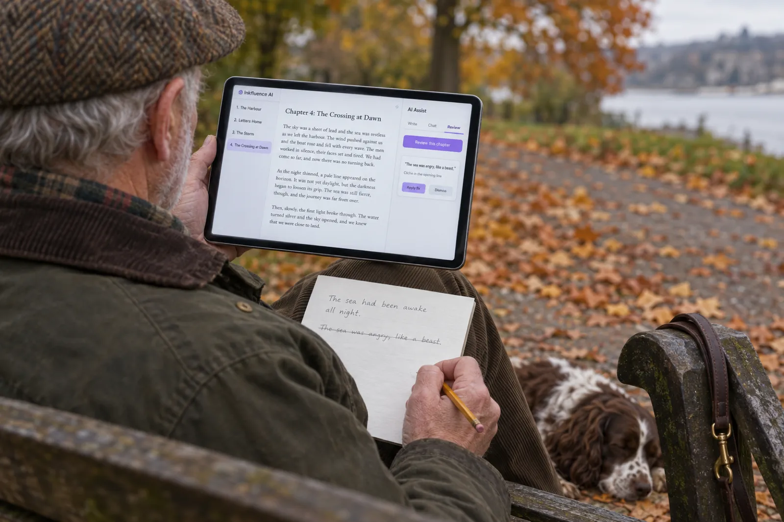 On a park bench in autumn, a retired man holds a tablet showing the Inkfluence AI editor with Chapter 4: The Crossing at Dawn open and the AI Assist Review tab listing a finding with Apply fix and Dismiss buttons, while on his knee a printed page shows the flagged line crossed out in pencil and his own sentence written above it