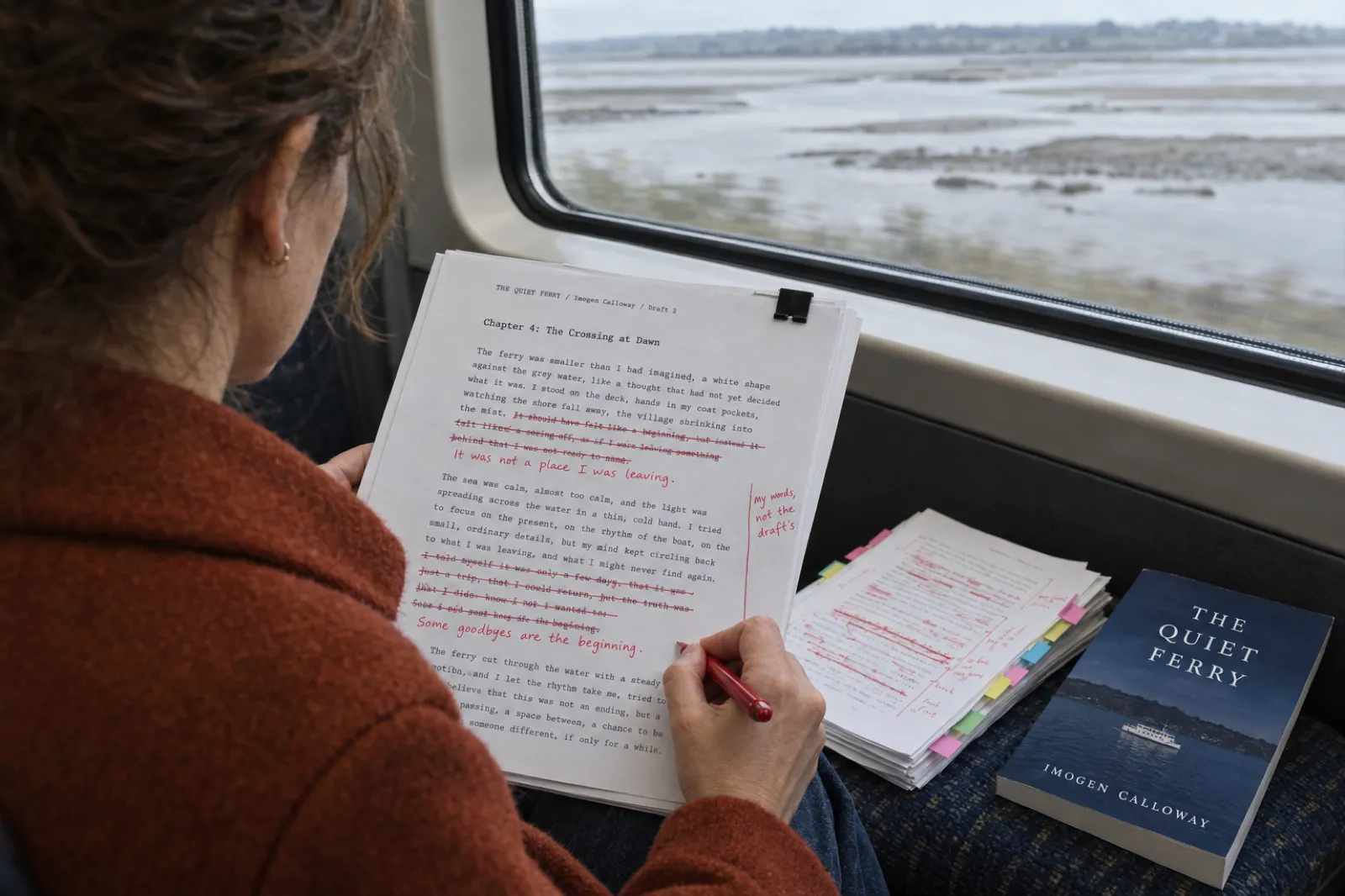 On a commuter train, an author in a rust-coloured coat crosses out typed lines of a manuscript page headed Chapter 4: The Crossing at Dawn from The Quiet Ferry by Imogen Calloway, with her own sentences handwritten in red between the lines and a proof copy of the paperback on the seat beside her