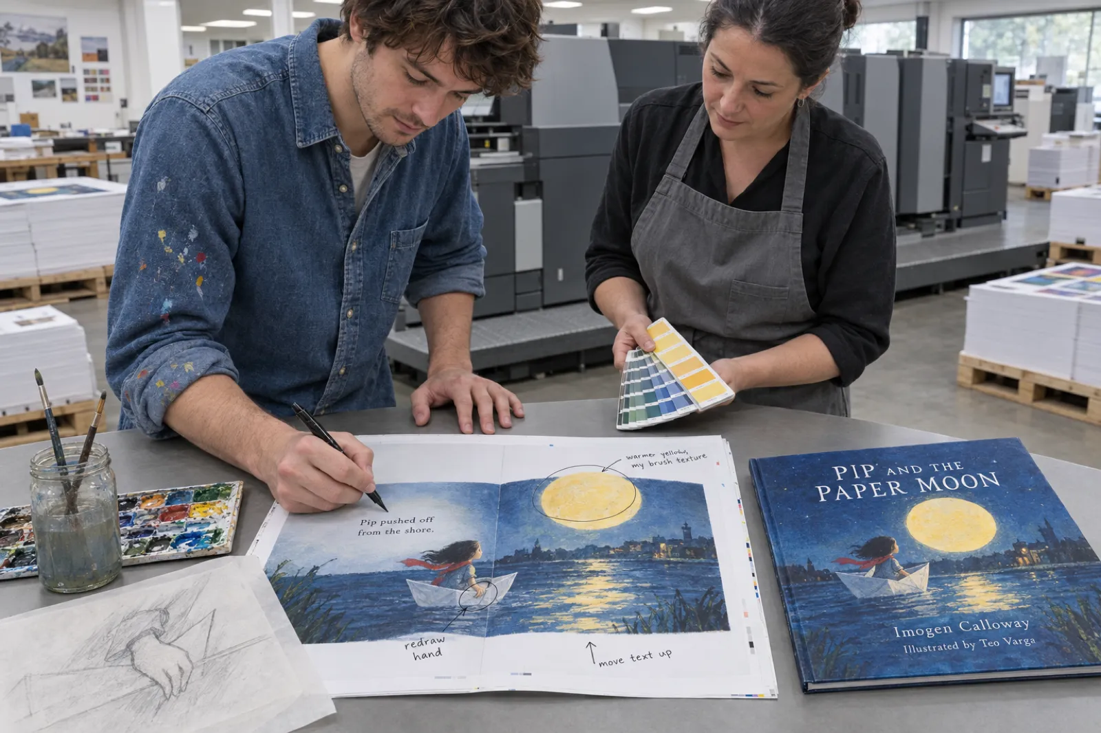 In a print shop, an illustrator marks a printed proof spread of the picture book Pip and the Paper Moon with notes reading redraw hand and warmer yellow, my brush texture, beside his own pencil sketch of the hand and a watercolour palette, while a print technician holds a colour swatch fan against the moon
