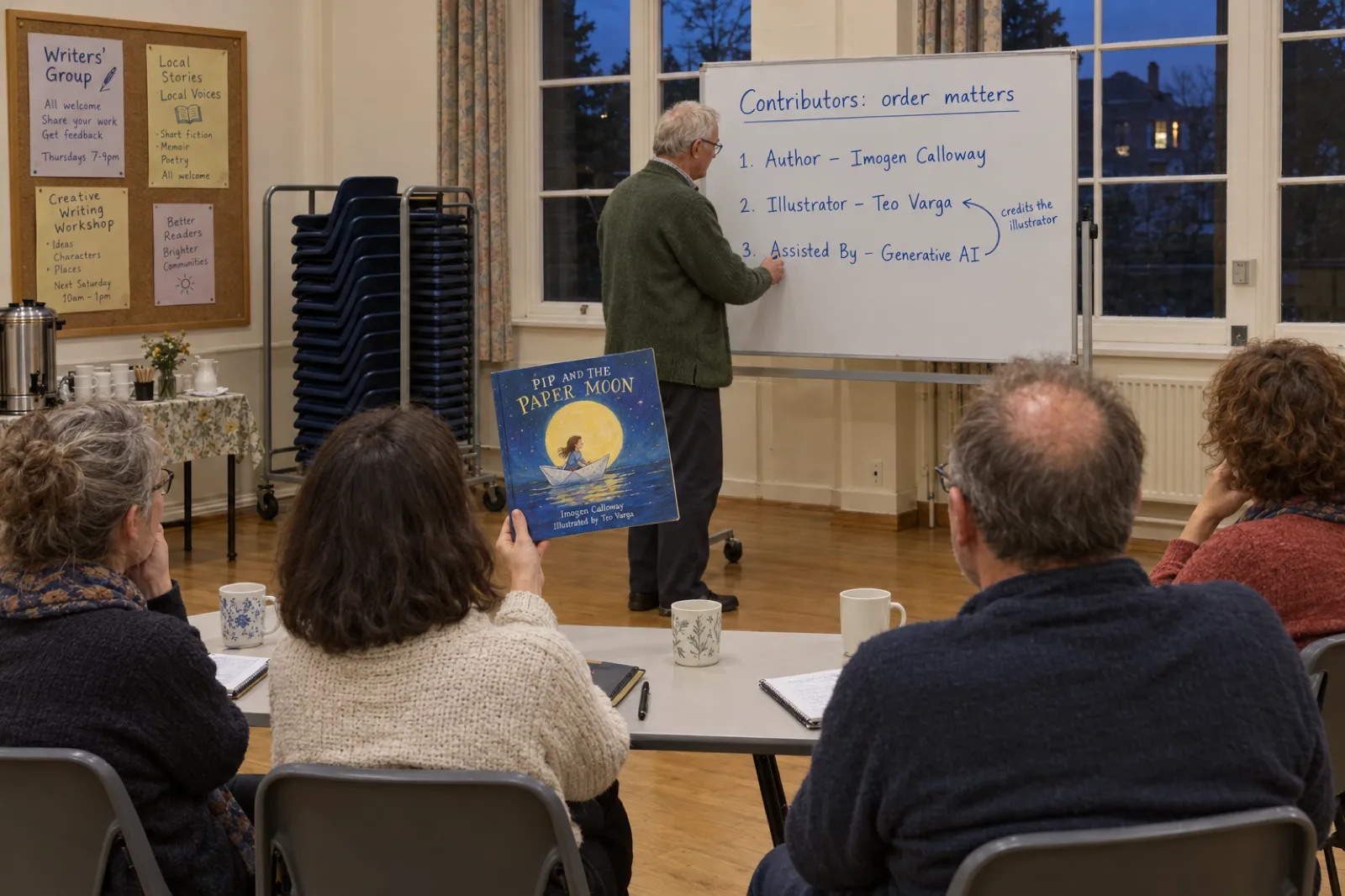 At an evening writers' group in a community hall, a man in a green cardigan writes on a whiteboard: Contributors: order matters, 1. Author - Imogen Calloway, 2. Illustrator - Teo Varga, 3. Assisted By - Generative AI, with an arrow from line 3 to line 2 marked credits the illustrator, while a member holds up the picture book Pip and the Paper Moon