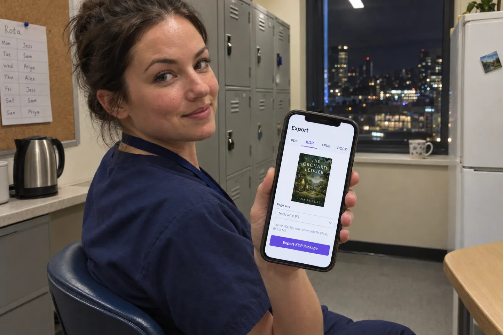 In a hospital staff break room at night, a nurse in navy scrubs holds up a phone showing the Inkfluence AI Export window with the KDP tab selected, the cover of The Orchard Ledger by Hana Brierley, page size Trade 6 x 9 and an Export KDP Package button
