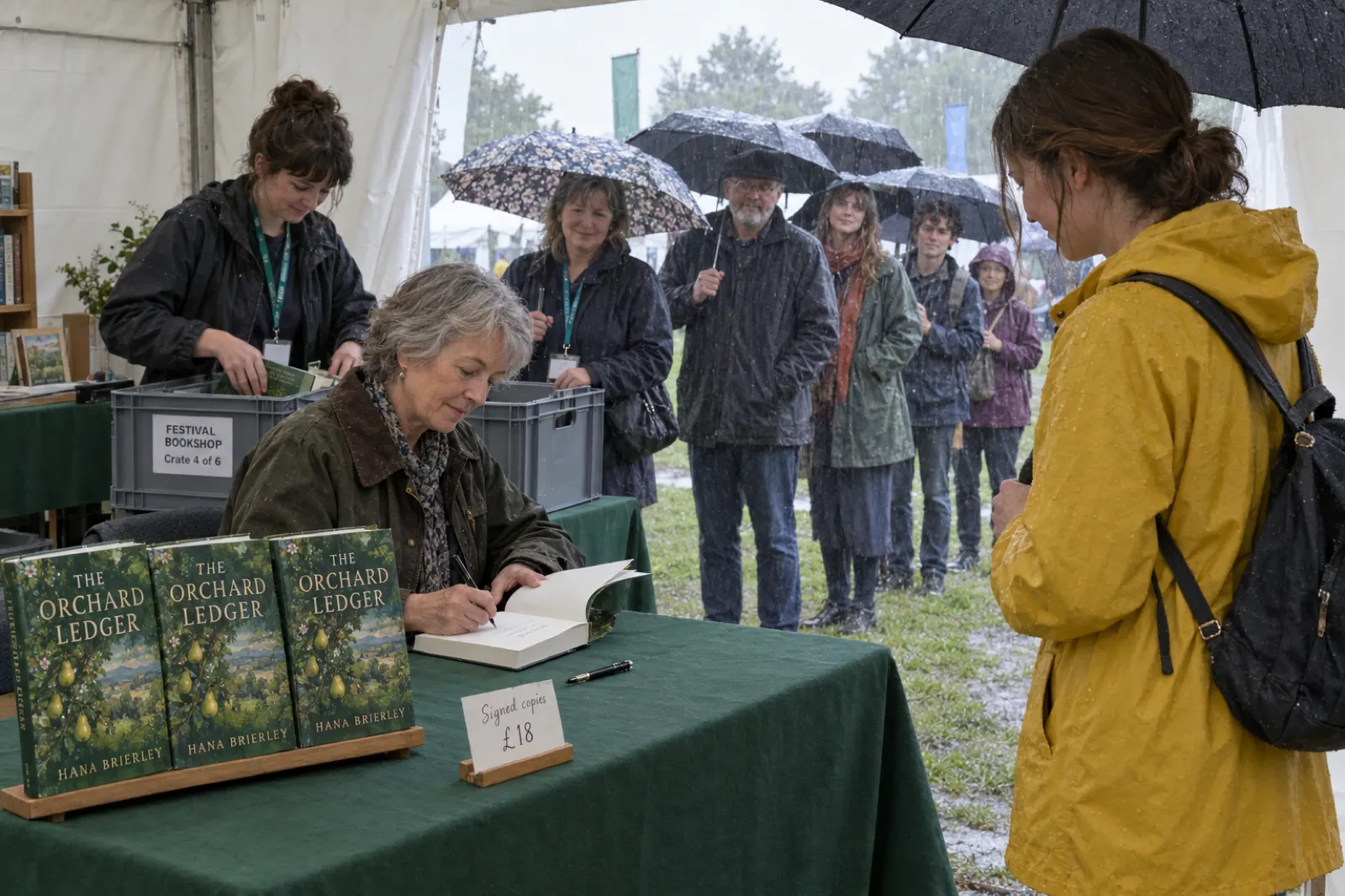 Under a white festival signing tent on a rainy afternoon, an author signs a hardback of The Orchard Ledger by Hana Brierley for a reader in a yellow raincoat, with three jacketed copies on a stand, a card reading Signed copies £18, a bookseller unpacking a crate labelled Festival Bookshop and a queue under umbrellas