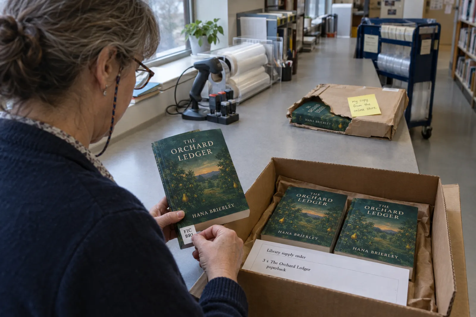 In a public library processing room, a librarian presses a spine label onto a paperback of The Orchard Ledger by Hana Brierley taken from a supplier carton with a packing slip for three copies, while another copy of the same book sits in a torn home-delivery mailer at the end of the counter