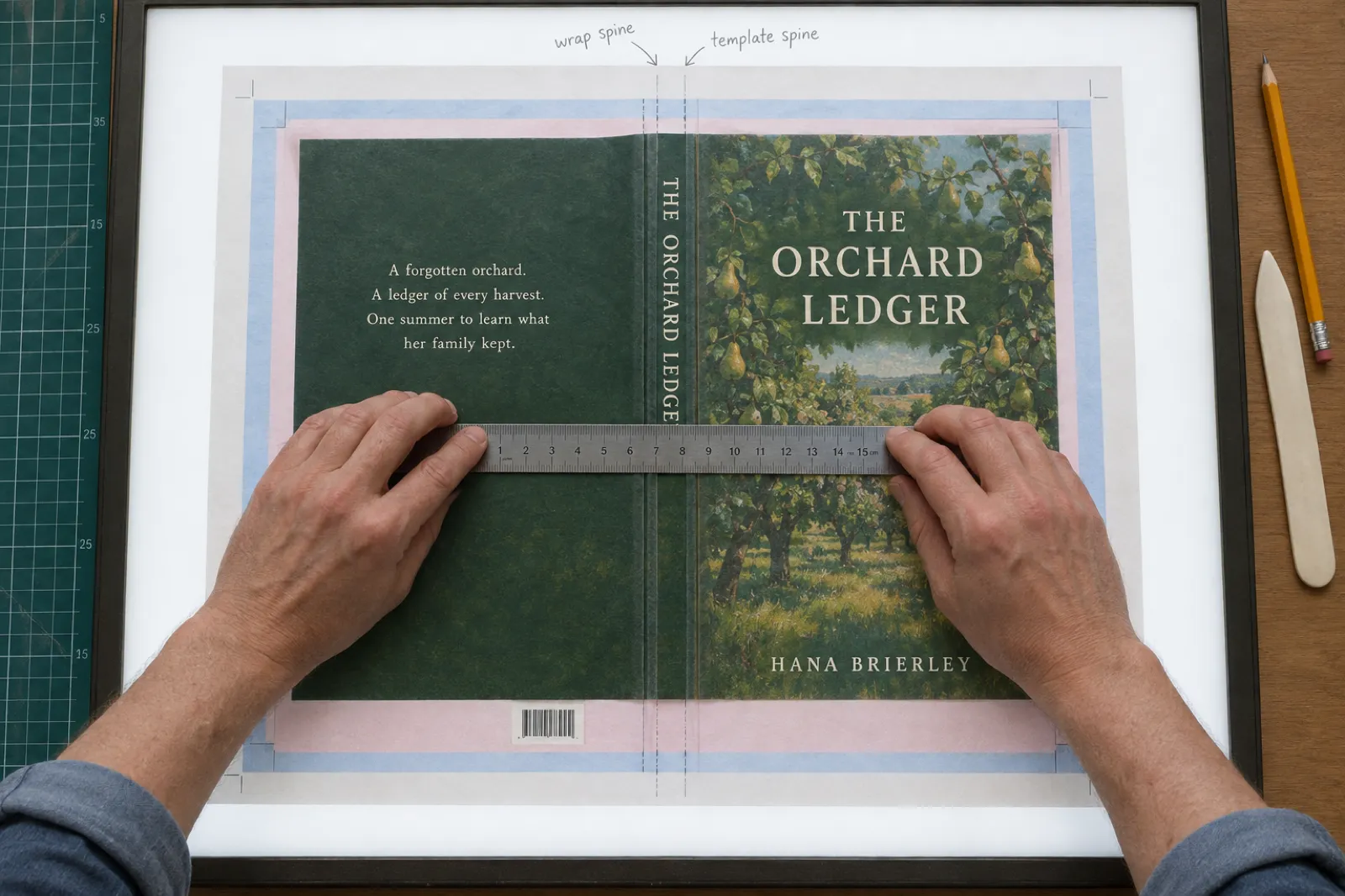 On a framer's light box, a tracing-paper print of the full cover wrap of The Orchard Ledger by Hana Brierley lies over a printed cover template with pink and blue guide areas and a barcode, the spine fold lines visibly doubled, while two hands hold a steel ruler across the spine beside pencil notes reading wrap spine and template spine