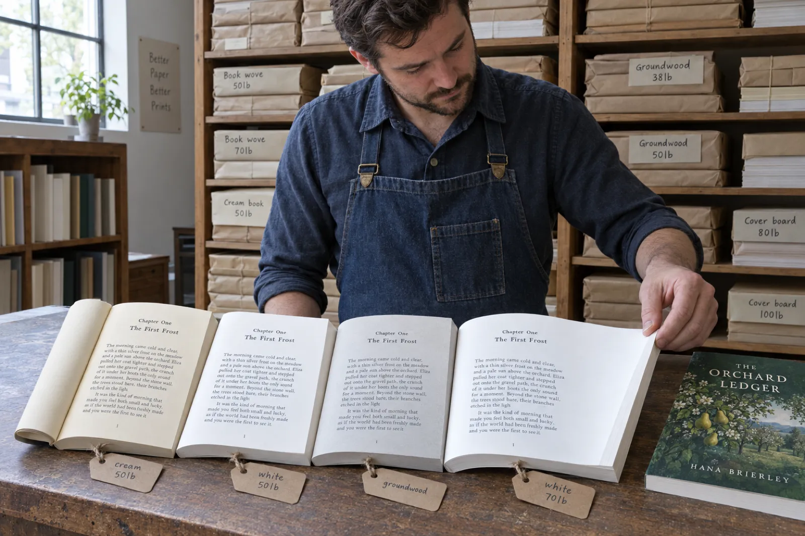 In a paper merchant's sample room, a print buyer in a denim apron fans open four copies of The Orchard Ledger by Hana Brierley on cream, white, groundwood and heavier white paper, each tagged by hand, pinching a page edge to compare thickness