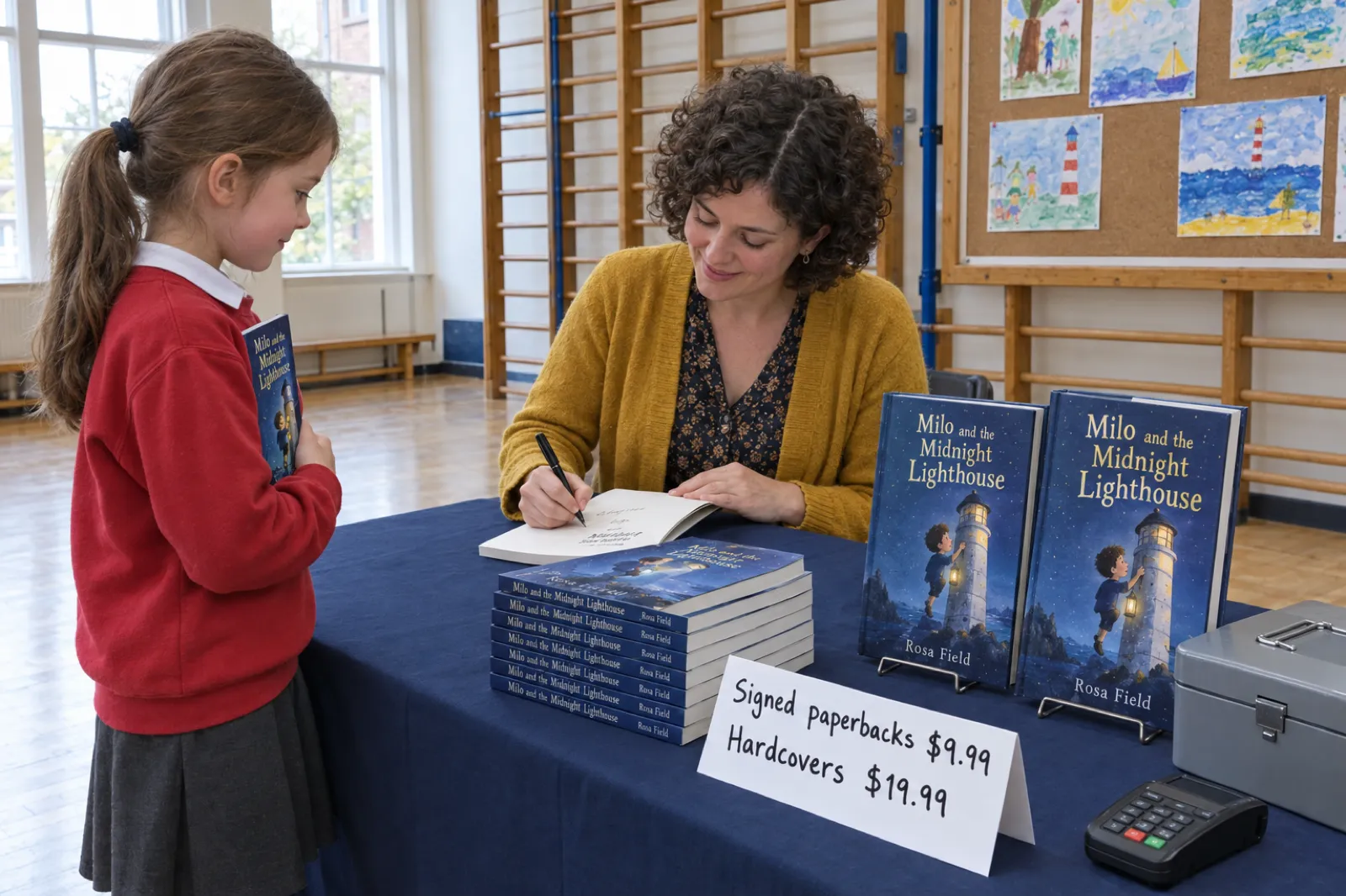 At a primary school book fair, a children's author in a mustard cardigan signs a paperback of Milo and the Midnight Lighthouse by Rosa Field while a girl in a red school sweatshirt waits holding her copy; a handwritten card reads Signed paperbacks $9.99, Hardcovers $19.99, beside a stack of paperbacks, two hardbacks on stands, a cash tin and a card reader.