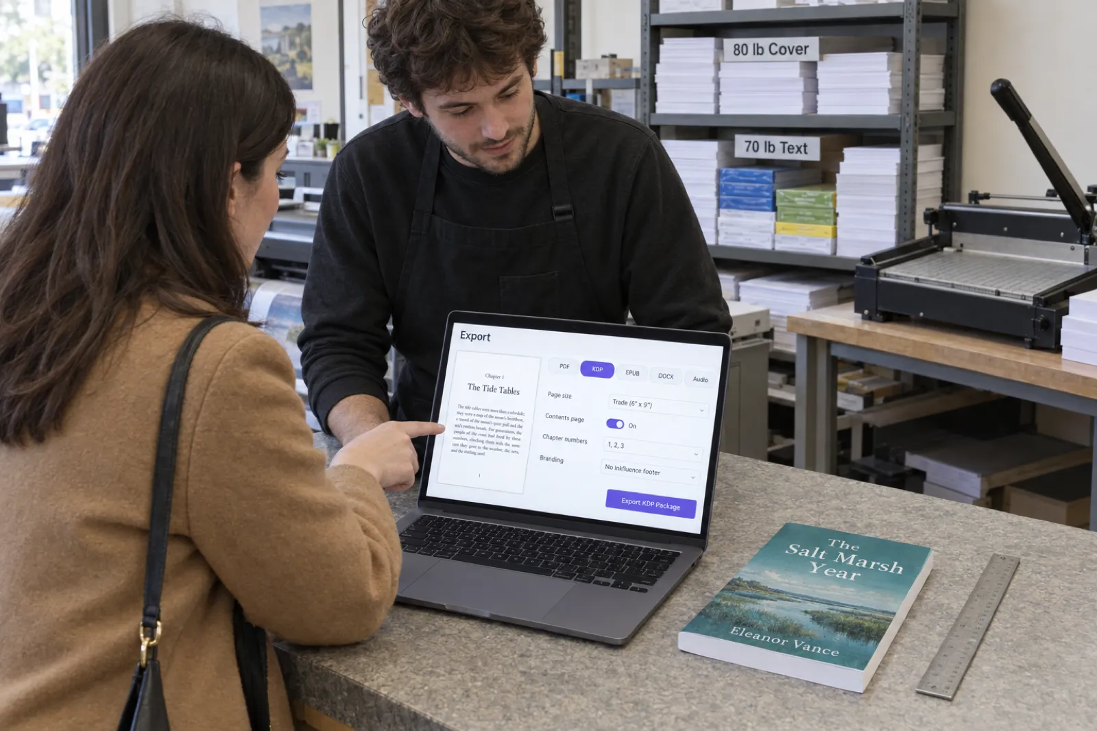 Across a print-shop counter, a customer in a camel coat shows a staff member in a black apron her laptop with the Inkfluence AI Export window open: tabs PDF, KDP, EPUB, DOCX and Audio with KDP selected, settings Page size Trade (6 x 9), Contents page On, Chapter numbers 1, 2, 3, Branding No Inkfluence footer, a page preview of Chapter 1, The Tide Tables, and a violet Export KDP Package button; a printed proof of The Salt Marsh Year lies on the counter beside a ruler.