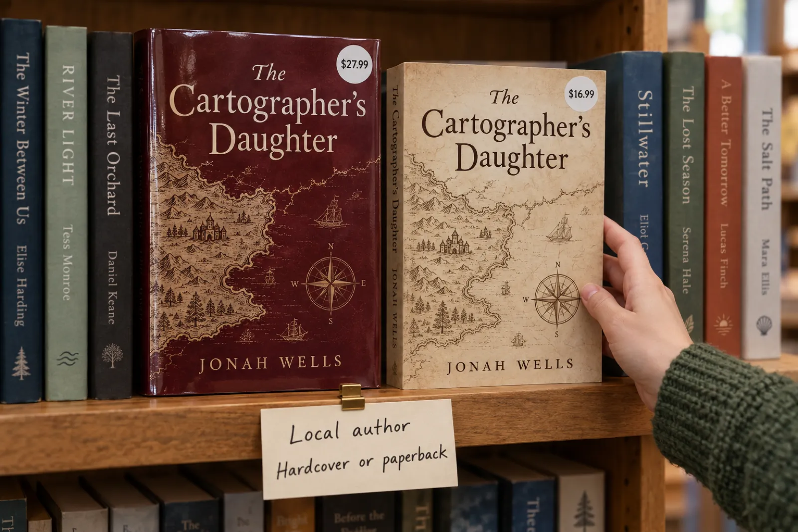A hand in a green knitted sleeve reaches for a paperback on a wooden bookshop shelf where the hardcover and paperback editions of The Cartographer's Daughter by Jonah Wells stand face-out side by side, with round price stickers reading $27.99 and $16.99, and a handwritten shelf card reading Local author, Hardcover or paperback.