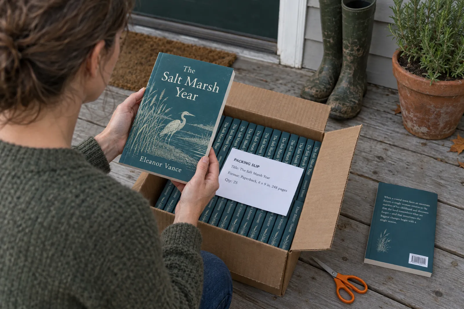 Over the shoulder of a woman kneeling on a wooden porch who has just opened a carton of 25 paperback author copies of The Salt Marsh Year by Eleanor Vance, a teal cover with a heron in reeds; a packing slip on top reads Format: Paperback, 6 x 9 in, 248 pages, Qty: 25, and a second copy lies face down showing the back-cover blurb and a barcode box.