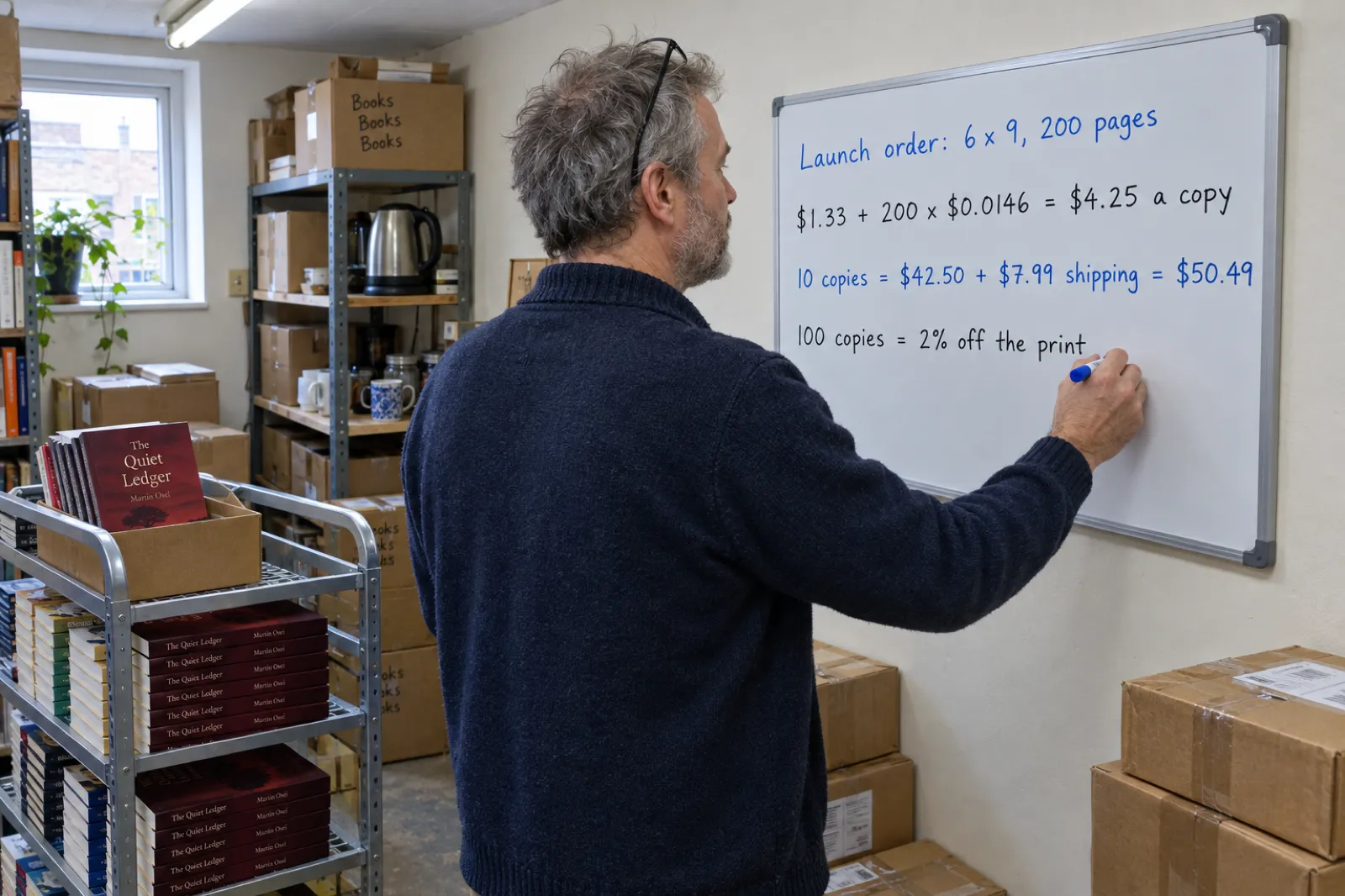 A bookshop owner in a navy cardigan writes on a whiteboard in a stockroom: Launch order: 6 x 9, 200 pages; $1.33 + 200 x $0.0146 = $4.25 a copy; 10 copies = $42.50 + $7.99 shipping = $50.49; 100 copies = 2% off the print; cartons and a trolley of paperbacks titled The Quiet Ledger by Martin Osei beside him.