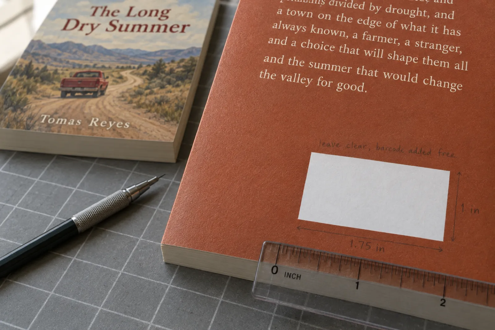 Close-up of the lower right of a terracotta paperback back cover with an empty white rectangle measured with a clear ruler and pencil notes reading 1.75 in, 1 in and leave clear, barcode added free, under the last line of a blurb, beside a copy of The Long Dry Summer by Tomas Reyes