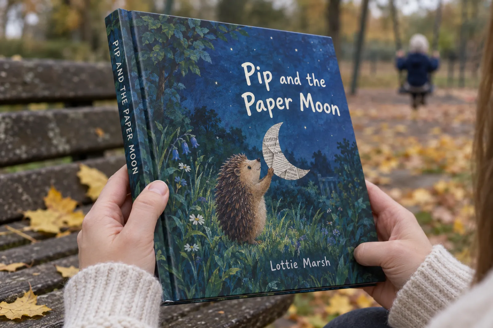 A parent on a park bench holds a square glossy hardcover picture book, Pip and the Paper Moon by Lottie Marsh, with a hedgehog reaching for a newspaper crescent moon; the painted art wraps around the spine and a shallow groove runs down the cover beside the spine
