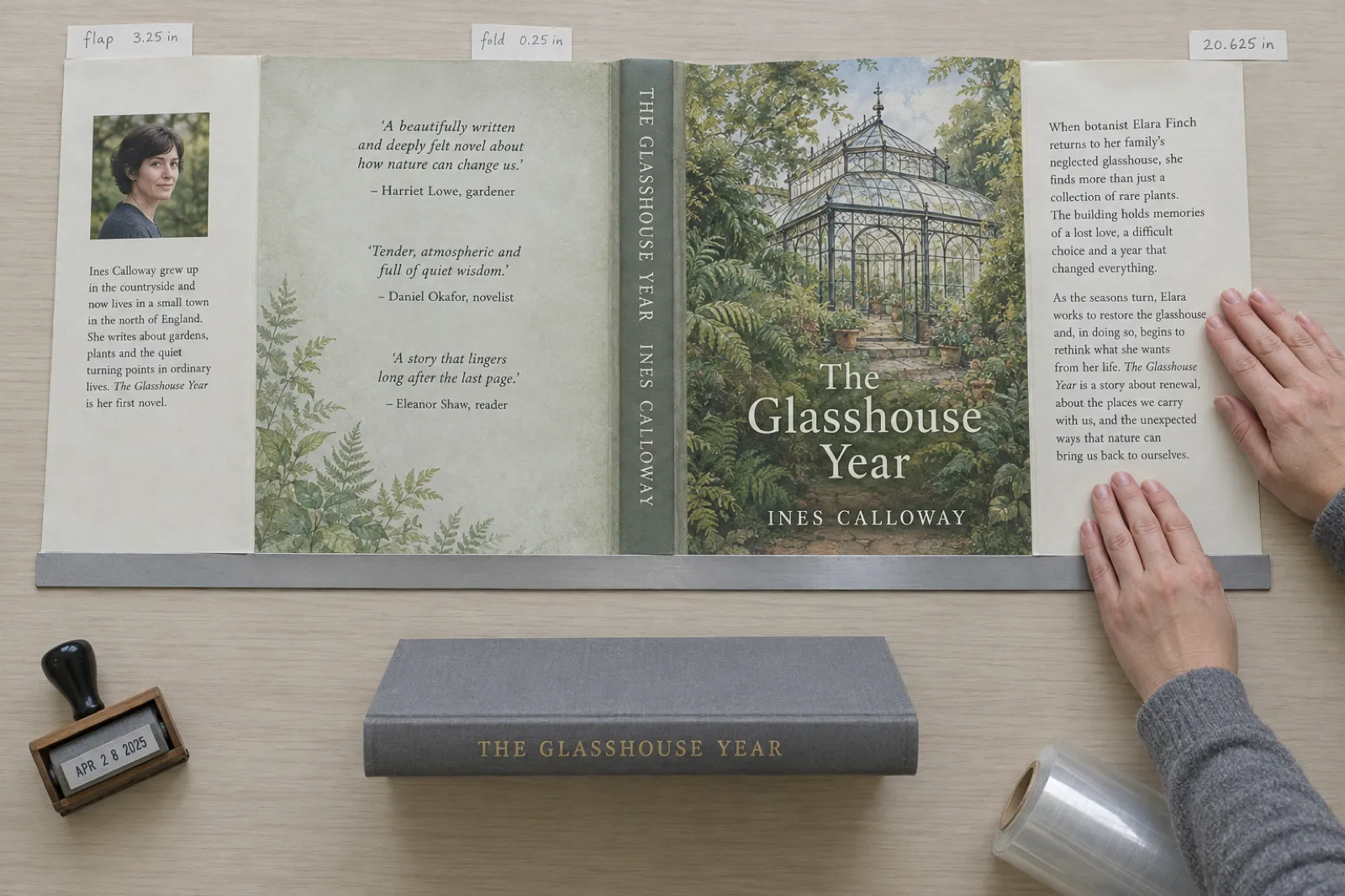 Overhead view of an unfolded dust jacket for The Glasshouse Year by Ines Calloway on a library workroom table: back flap with author photo and bio, back cover with three short reviews, spine, front cover with a painted Victorian glasshouse, and front flap with a summary, labelled with paper tabs reading flap 3.25 in, fold 0.25 in and 20.625 in, above the grey cloth hardcover it wraps