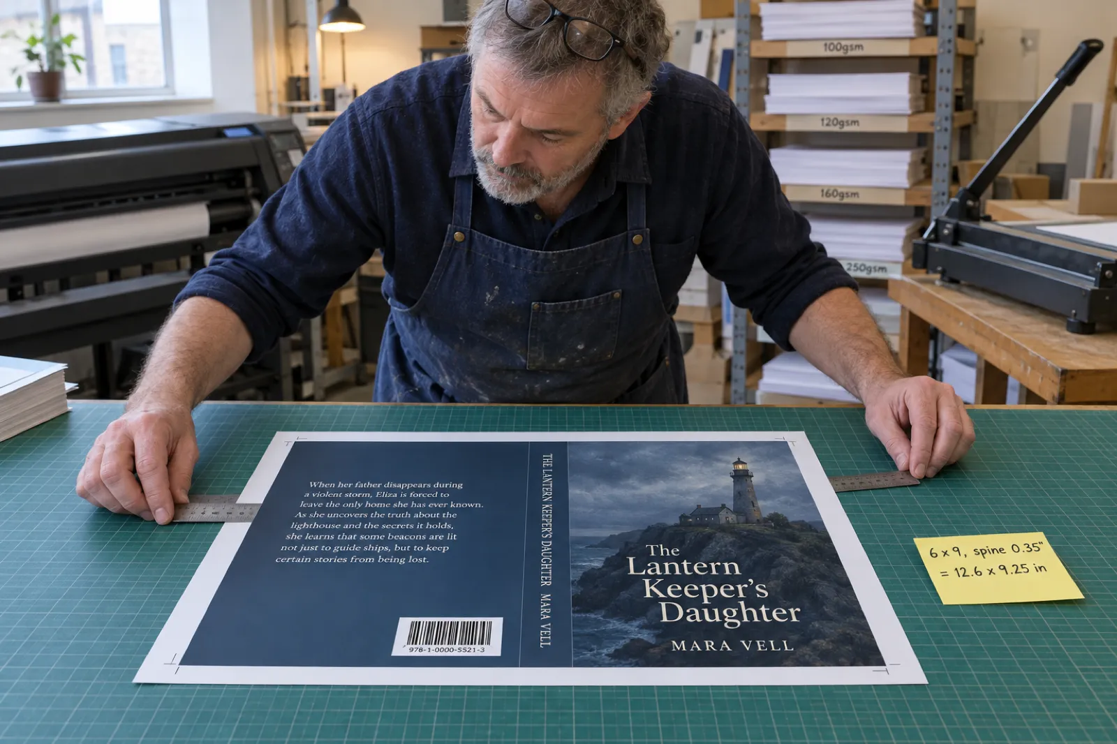 In a small print shop a bearded technician in a navy apron measures a printed paperback cover spread on a green cutting mat with a steel rule: back cover with a blurb and barcode, a spine reading The Lantern Keeper's Daughter, Mara Vell, and a front cover with a lighthouse on a cliff, beside a sticky note reading 6 x 9, spine 0.35, = 12.6 x 9.25 in