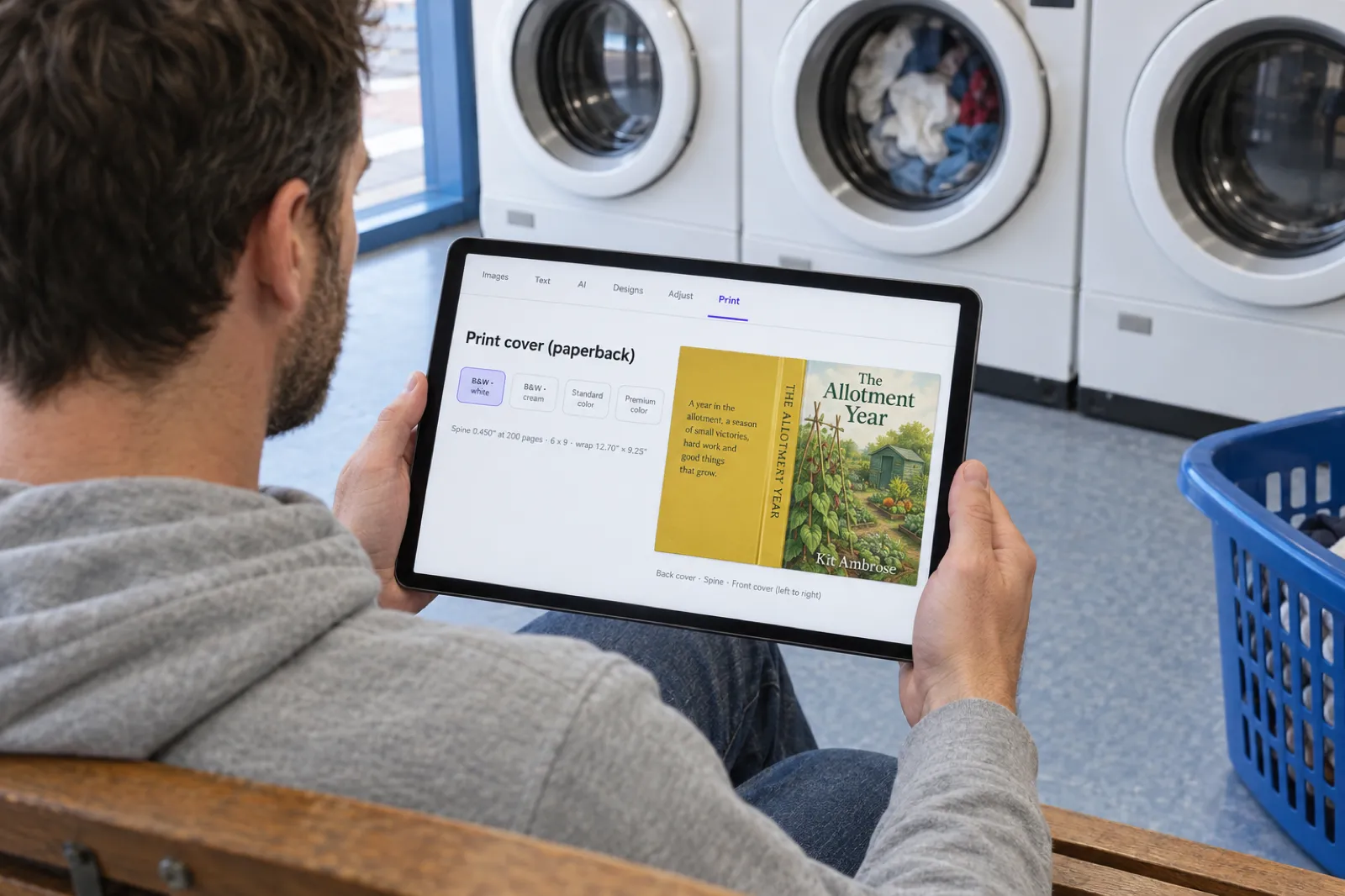 Over the shoulder of a man in a grey hoodie on a launderette bench holding a tablet showing the Inkfluence AI cover designer Print tab: Print cover (paperback), ink and paper buttons with B&W white selected, the line Spine 0.450 inches at 200 pages, 6 x 9, wrap 12.70 x 9.25 inches, and a wrap preview of The Allotment Year by Kit Ambrose