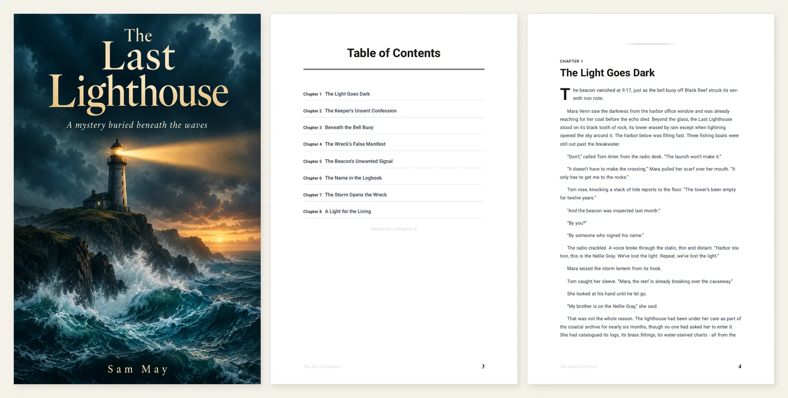 Three real exported pages of The Last Lighthouse: a stormy lighthouse cover, an eight-chapter table of contents, and the chapter one opening with a drop cap