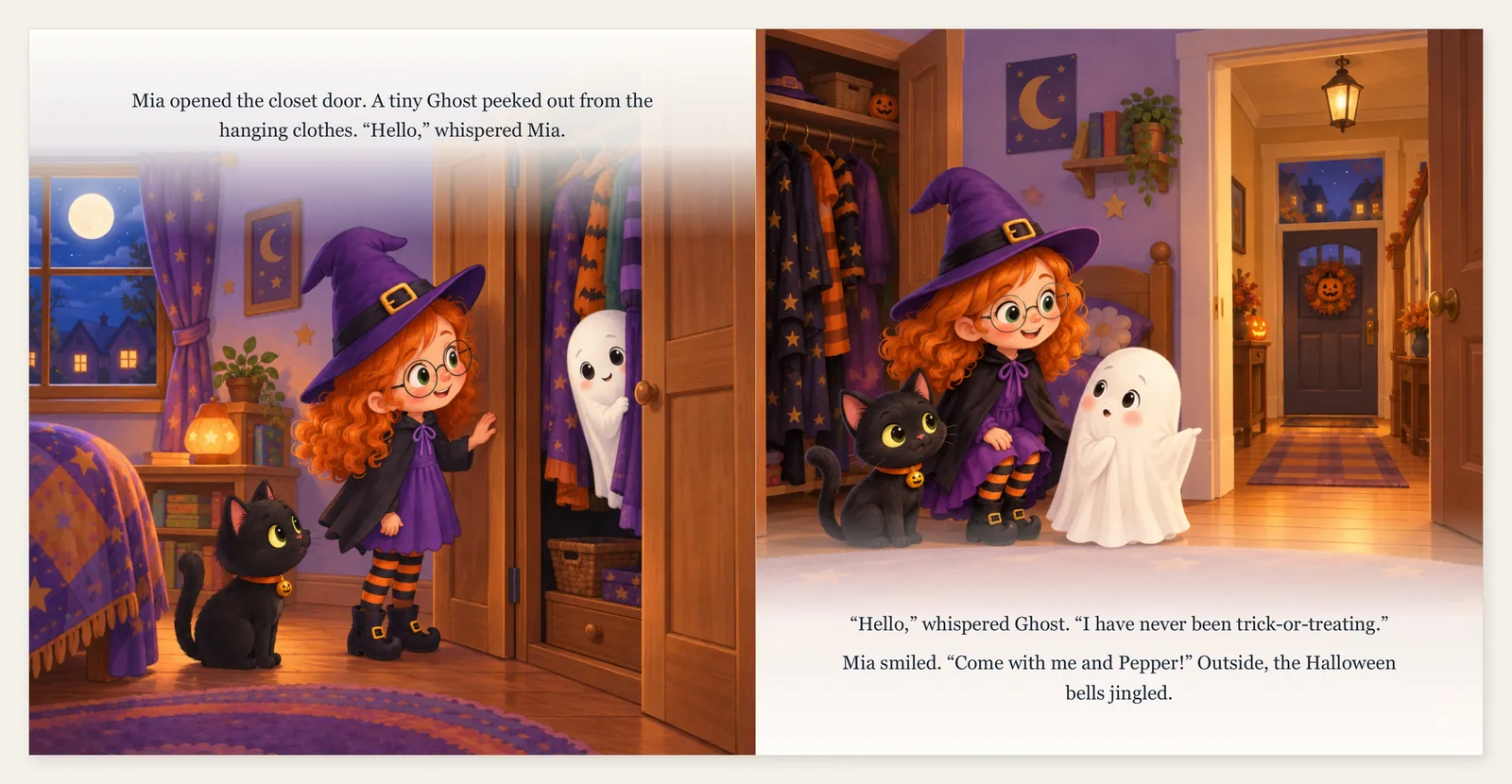 Two facing pages of the picture book Mia And The Shy Ghost: a girl in a witch hat opening a closet where a small ghost peeks out, and the girl, her black cat and the ghost together, with the story text above and below the art