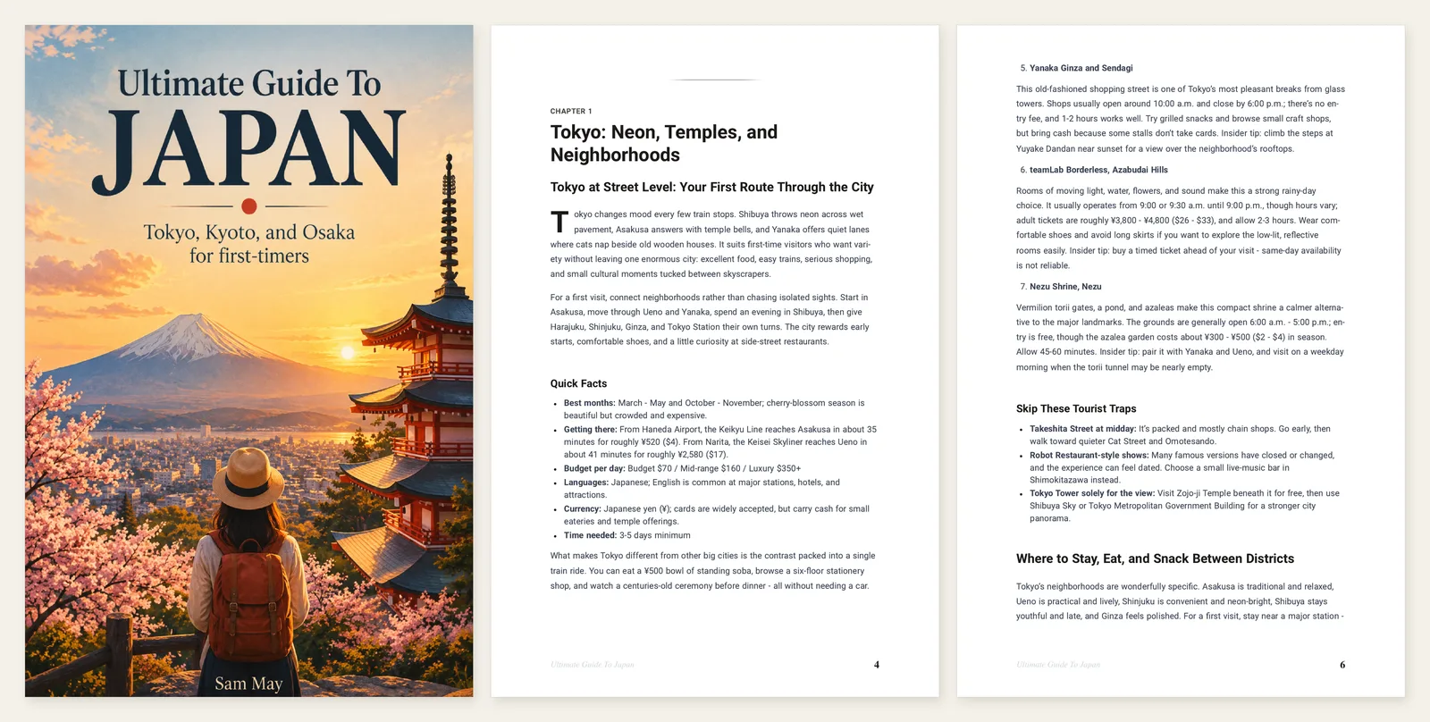Tre pagine esportate davvero di Ultimate Guide To Japan: una copertina illustrata con il monte Fuji e una pagoda, l'apertura del capitolo uno con un elenco di informazioni rapide e una pagina interna con luoghi numerati
