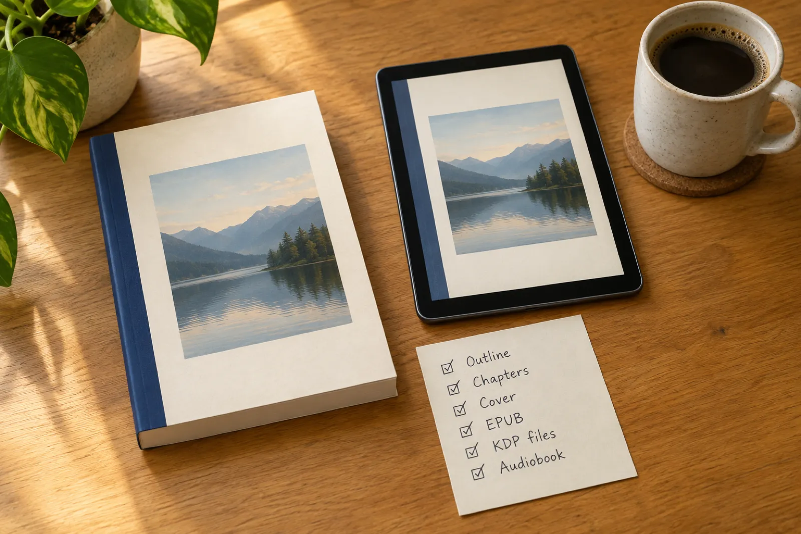 A printed paperback with an indigo spine and the same cover on a tablet, beside a checklist card with Outline, Chapters, Cover, EPUB, KDP files and Audiobook ticked off