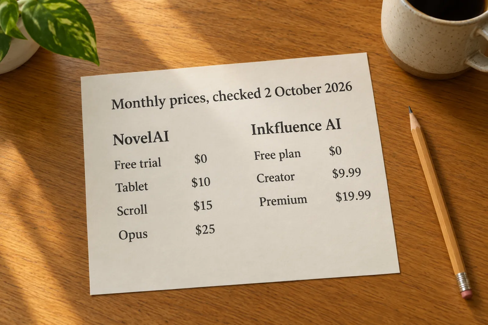 A printed sheet headed Monthly prices, checked 2 October 2026, listing NovelAI: Free trial $0, Tablet $10, Scroll $15, Opus $25, and Inkfluence AI: Free plan $0, Creator $9.99, Premium $19.99