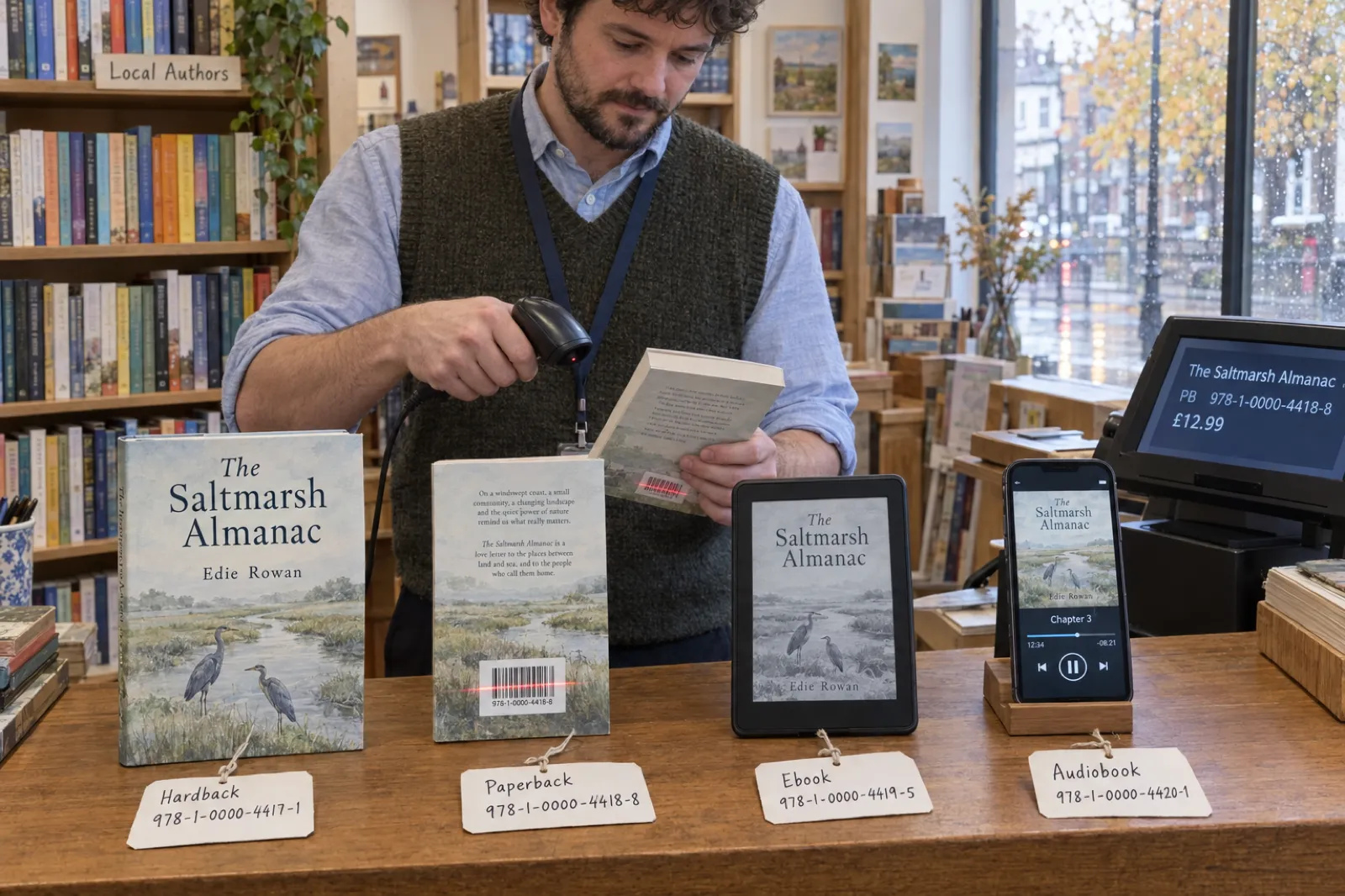 At an independent bookshop counter, a bookseller scans the barcode on the paperback of The Saltmarsh Almanac by Edie Rowan, next to the hardback, an e-reader showing the ebook and a phone playing the audiobook, each with a handwritten tag carrying its own ISBN; the till screen reads The Saltmarsh Almanac PB 978-1-0000-4418-8