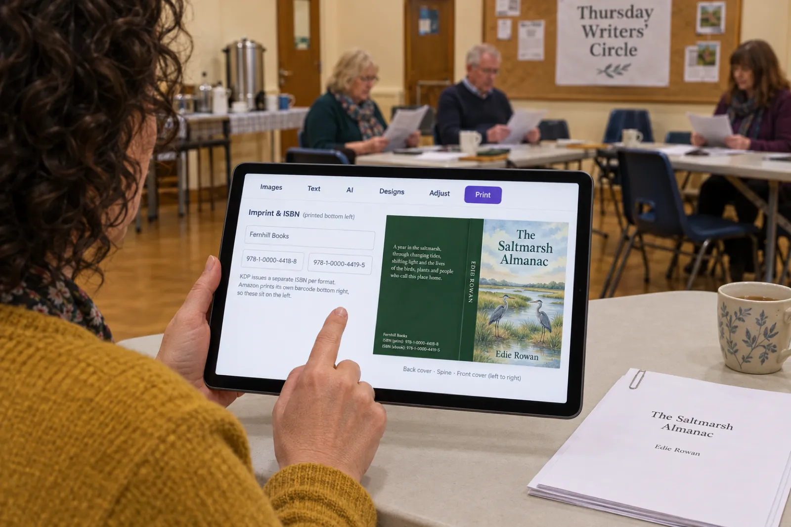At a community centre writers' circle, a woman holds a tablet showing the Inkfluence AI cover designer with the Print tab selected, the Imprint and ISBN fields filled with Fernhill Books, 978-1-0000-4418-8 and 978-1-0000-4419-5, and a full wrap preview of The Saltmarsh Almanac labelled Back cover, Spine, Front cover