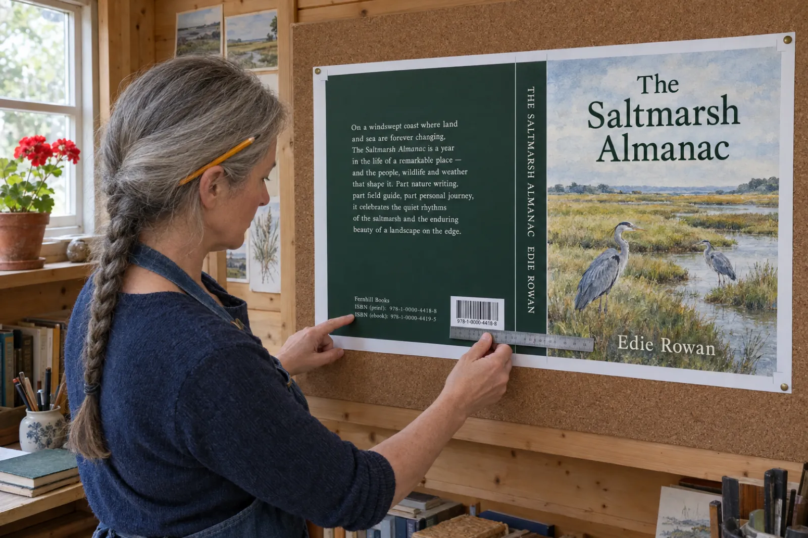 In a garden-shed studio, an author holds a steel ruler against the white barcode rectangle at the bottom right of a full flat cover wrap proof of The Saltmarsh Almanac by Edie Rowan pinned to a cork board, and points at the bottom-left lines Fernhill Books, ISBN (print) 978-1-0000-4418-8 and ISBN (ebook) 978-1-0000-4419-5