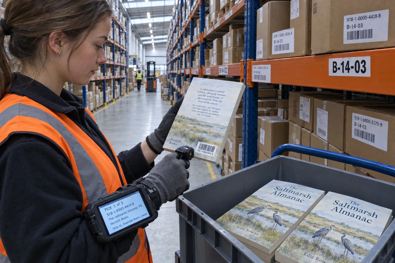 In a book distribution warehouse aisle, a picker in a high-visibility vest scans the barcode on a paperback of The Saltmarsh Almanac with a ring scanner while her wrist terminal shows PICK 1 of 3, 978-1-0000-4418-8, The Saltmarsh Almanac PB, Fernhill Books, Ship to Riverside Books, Leeds